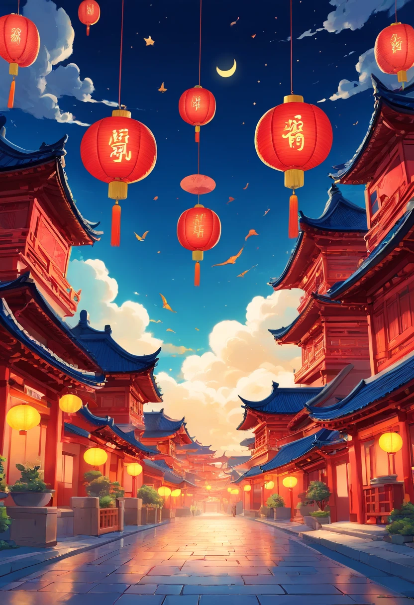 Mid-Autumn Festival,Moon cake, Auspicious clouds, Red lanterns, Exquisite ancient Chinese architecture, In the background is a huge moon, With vector line illustration, amarelo、Red and dark blue tones, Abstract picture, surrealism, Clear background trends, clear contour light, Edge light, fantasy, Dappled light, Flat illustration,Disney style, 8K, --AR 9:16 --q 2 --niji 5