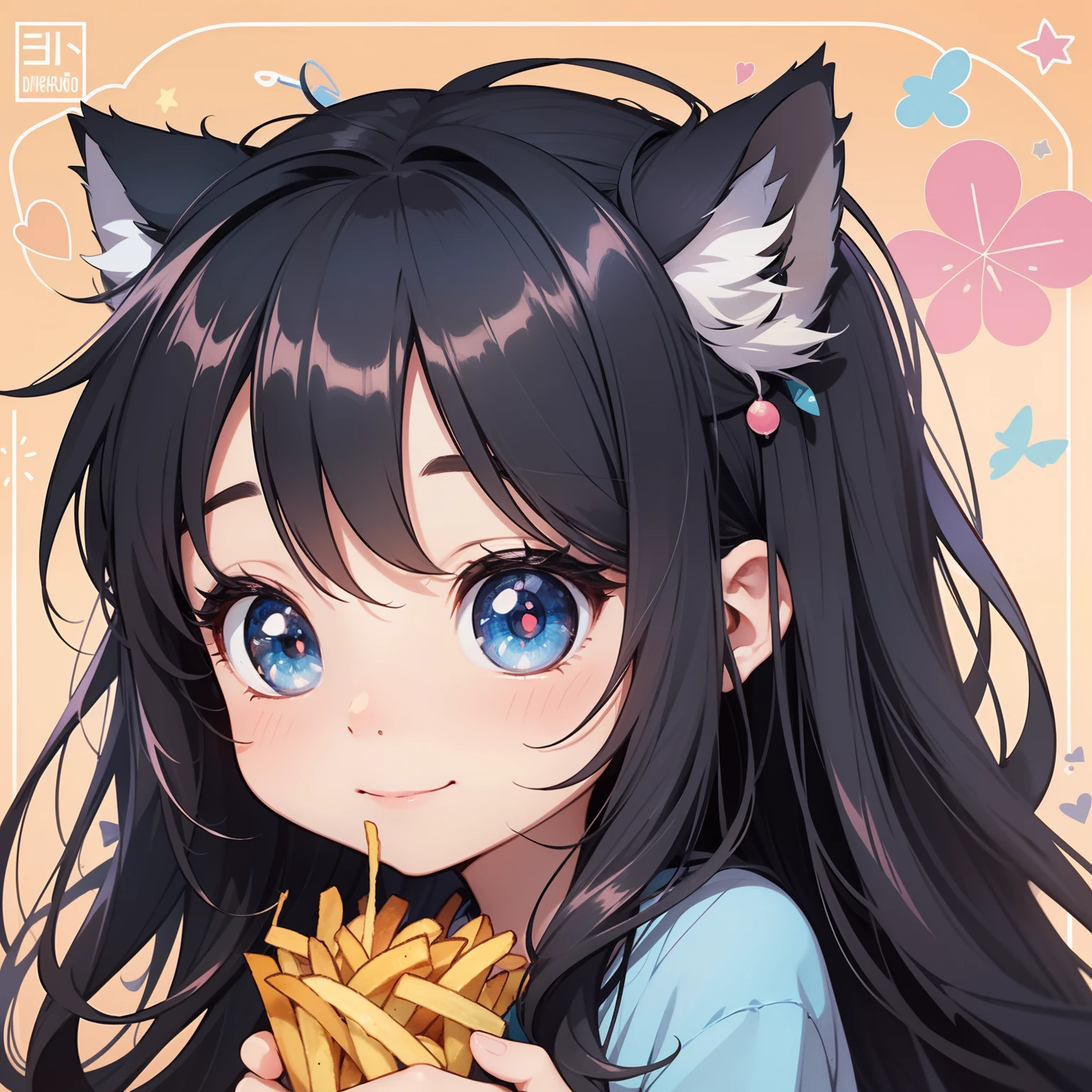 perfect-composition、Perfect pictorial composition、Cartoon girl with long hair、cartoon artstyle、Cartoon Cute Girl、Chibi Cat Girl、Chibi、cute cartoon style、Cute art style、Cartoon style、Cartoon style illustration、Digital art of cartoons、Cute digital art、Cute anime girl、Chibi、estilo chibi、Kawaii Girl、an anime drawing、pop-art、Cartoon style illustration、3Equivalent、Head large、kawaii eyes、radiant eyes、Sparkling eyes、kawaii faces、Innocent face、smooth hair、Black hair、Black hair、Potato fries、french fried、French fries in cooking、kindly smile