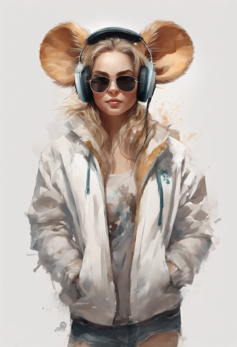 Perfect centering, Cute mouse, Wear a student team jacket, Wearing sunglasses, Wearing headphones, cheerfulness, Standing position, Abstract beauty, Centered, Looking at the camera, Facing the camera, nearing perfection, Dynamic, Highly detailed, smooth, Sharp focus, 8K, high definition resolution, illustration, Art by Carne Griffiths and Wadim Kashin, White background , with a croissant