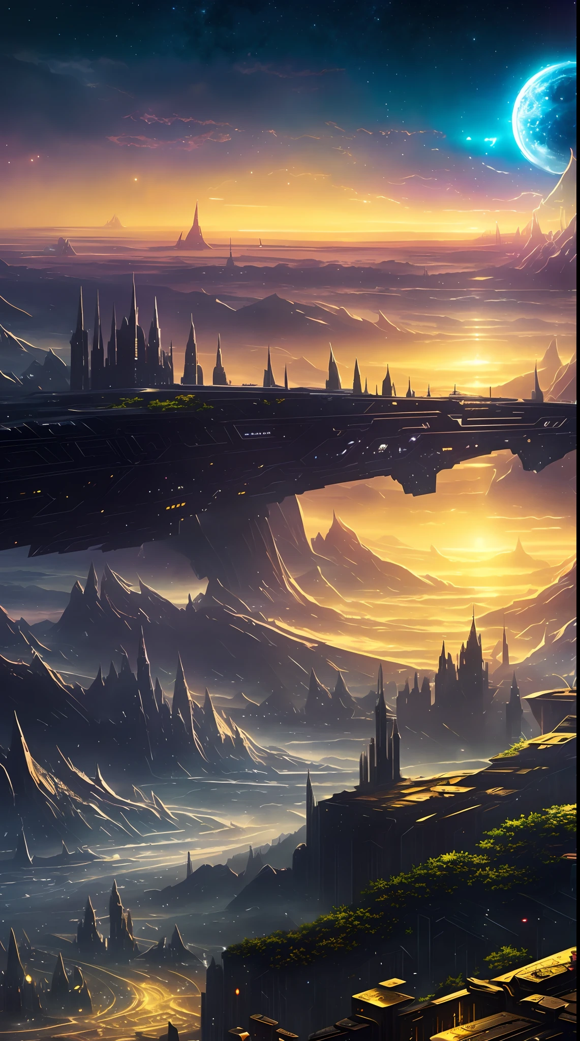 Starry sky and distant fantasy cities and planets with towers, epic fantasy sci fi illustration, fantasy planet, Arstation y Beeple altamente, fantasy space, Fantasy Science Fiction, epic scifi fantasy art, epic dreamlike fantasy landscape, Ethereal city illuminated by the stars at sunset, impressive fantasy landscape, sci-fi fantasy wallpaper, epic beautiful space scifi, Fantasy Science Fiction - Fantasy