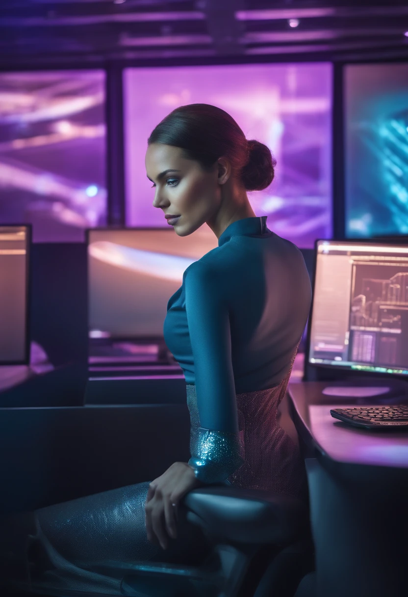 A girl sitting in a futuristic office, surrounded by holographic screens, managing various enterprise resource planning (ERP) software applications. Sparkling lights reflect in her eyes, emphasizing her focused gaze. She wears a sleek, professional outfit, exuding confidence and expertise. Her fingers gracefully glide across the holographic displays, navigating the intricate systems effortlessly.

The office environment is crafted with ultra-detailed precision, combining elements of both sci-fi and modern aesthetics. The seamless fusion of sleek, metallic surfaces and vibrant holographic projections immerses the viewer in a world of cutting-edge technology. The lighting in the room is carefully calibrated, casting a soft glow that enhances the overall ambiance.

The holographic screens radiate vivid colors, displaying dashboards, charts, and real-time data visualizations from SAP, Oracle, Microsoft Dynamics 365, NetSuite, Infor, Epicor, Sage, Odoo, Workday, IFS Applications, Acumatica, QAD ERP, and more. The interaction between the girl and the holographic interface showcases the dynamic and efficient workflow facilitated by these powerful ERP systems.

With best quality, 4k, 8k, and high-res rendering, every minute detail is flawlessly captured, from the intricate patterns on the girl's outfit to the realistic reflections on the holographic screens. The overall composition and lighting create a photo-realistic effect that makes the image appear as if it were captured in a professional studio.

The color palette of the image leans towards cool tones, reflecting the futuristic and corporate atmosphere of the scene. The predominant colors are shades of blue, silver, and white, with subtle accents of vibrant holographic hues, injecting a touch of energy into the composition.

Overall, the prompt conveys the vision of a highly skilled and technologically advanced enterprise professional, deeply engaged in harnessing the power of ERP systems to streamline and optimize bu