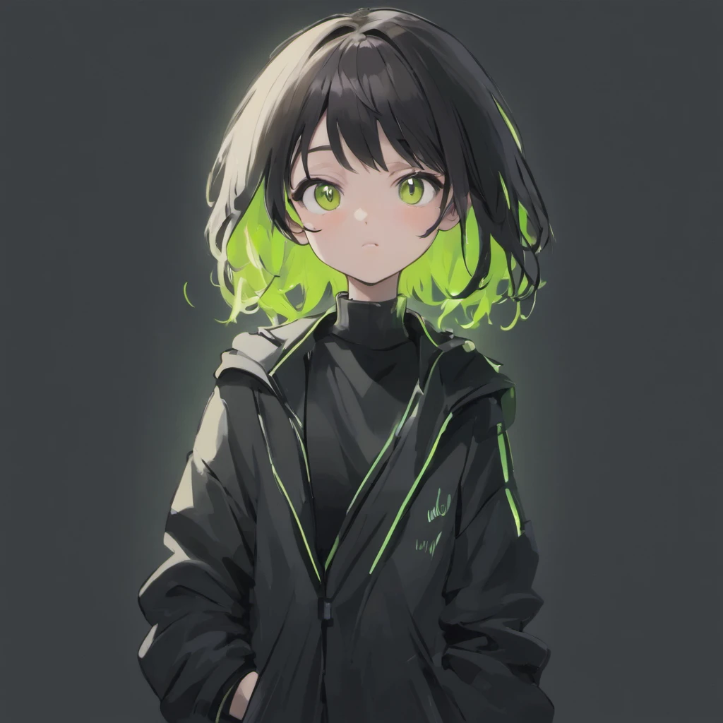 ((((((Look away, Not looking at the camera)))))), (((1 girl, Solo, Alone))),(((solid black background))),(Cartoonish style, quadratic element, Simple Color Scheme) , (Natural posture, Full body, Standing, Natural posture, upright posture), ((((Emphasis on image quality, top-quality, in 8K, masterpiece, Ultra High Resolution)))), (crisp lines, Crisp Contours, Clean lines),(Anime, big eye, Deformation, Cute, Anime Character, It features a simple, Eye Highlight, Simple little nose, Less hair highlights, smooth lines),(((Hair color is lime green, Wavy Hair)))), ((((Wearing a black cardigan over a white shirt、Wear chef pants、Wear sneakers )))), ((((boyish, Serious, Cool))))