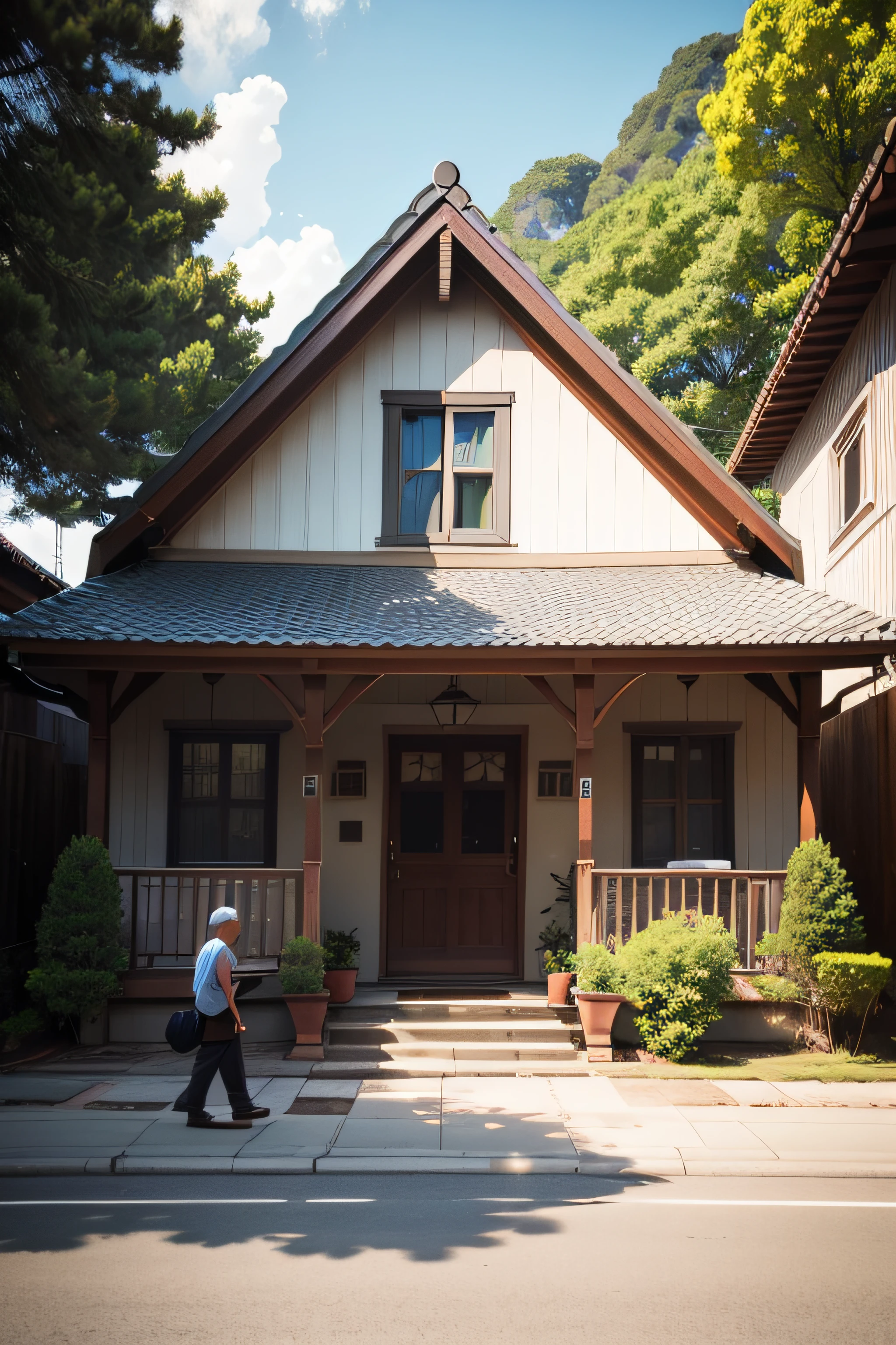 A wide shot of the exterior of a small, pretty house in a lush, beautiful town. An old man is walking down the sidewalk to the house carrying something large under his arm