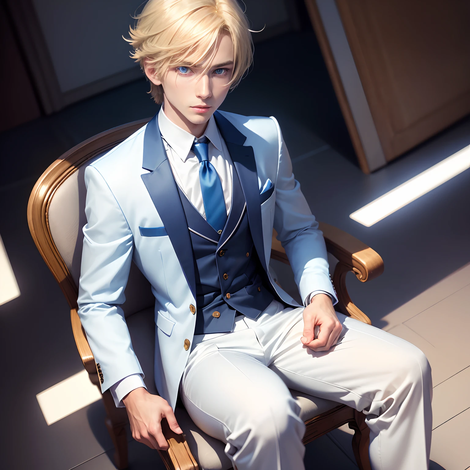 Ultra-fine illustration,Rainbow effect, High resolution, Ultra-detailed,Highly detailed light reflection,.an anime character dressed in a blue tie and white suit sitting in a chair, 1boy, necktie, male focus, blonde hair, solo, blue necktie, formal, sitting, suit, pants, shirt, blue eyes, chair, looking at viewer, full body