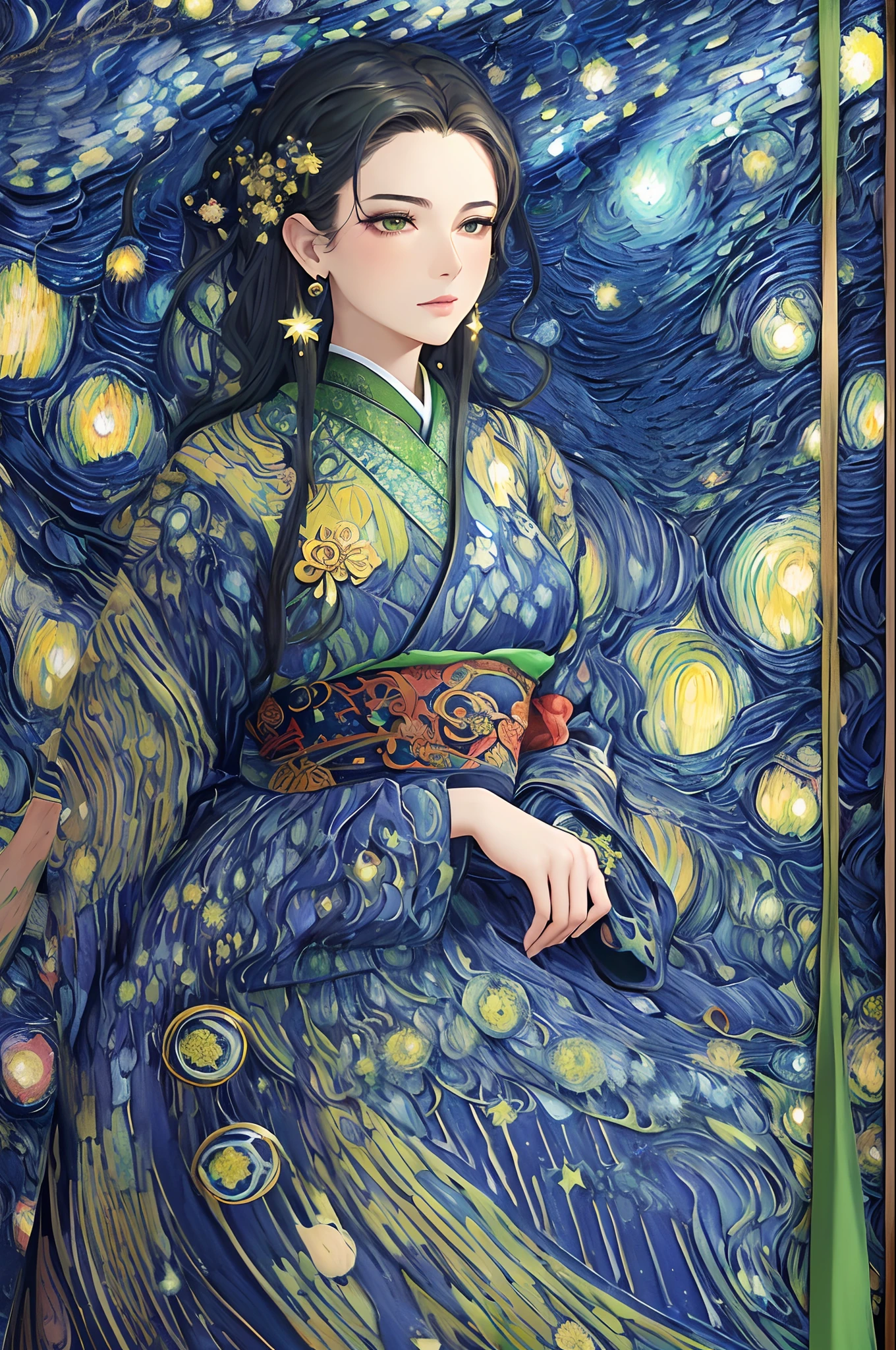 A close up of a painting of a woman in a blue dress - SeaArt AI