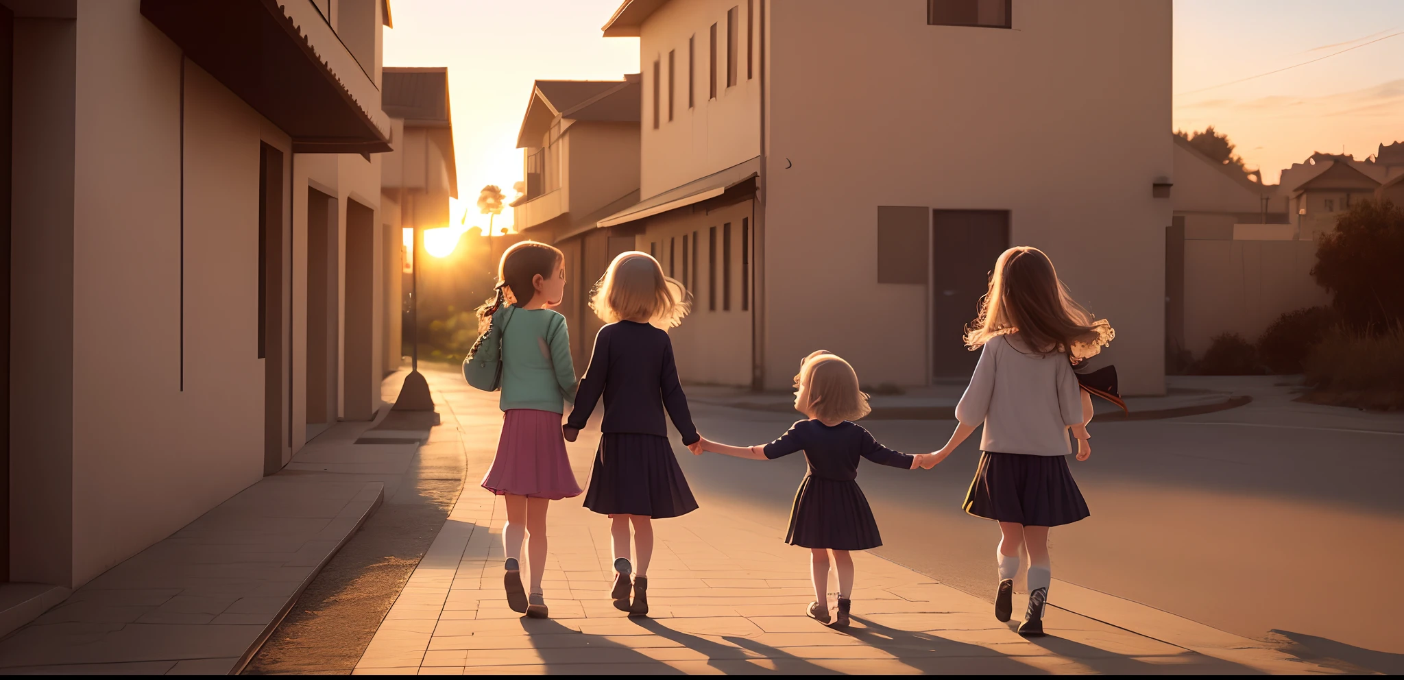 2 litlle girls and a  girl walking to sunset