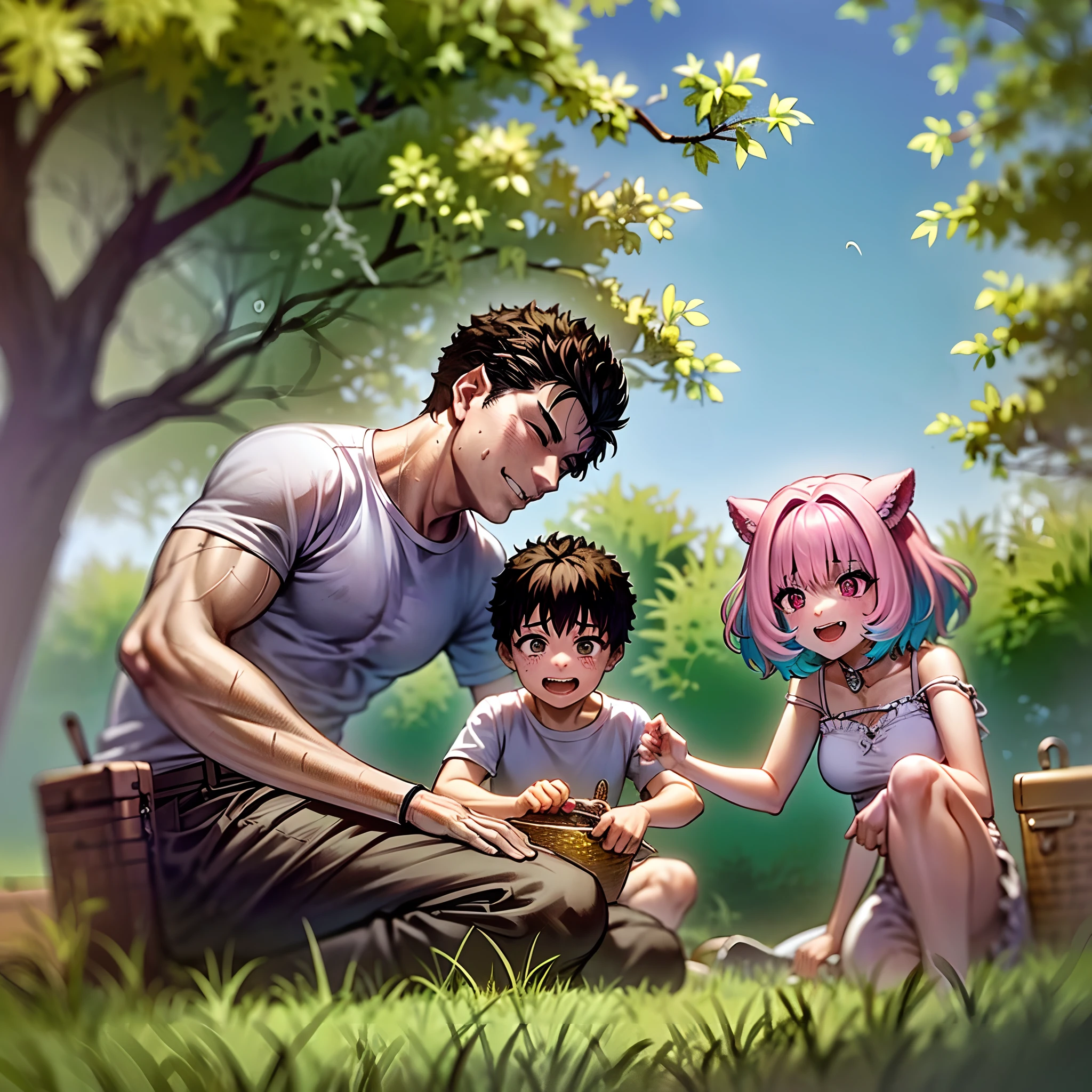 (a happy family in a picnic garden),(riamu as a motherly figure),(riamu and her husband spending quality time),(a couple enjoying the outdoors),(riamu's children playing and having fun),(guts as a loving and caring father),(a loving husband and wife),(riamu and her son sharing a joyful bond),(a happy and harmonious family),(the joyful laughter of children),(the warmth of family bonds),(a picturesque garden scene),(the vibrant colors of nature),(the soft sunlight filtering through the trees),(a peaceful and serene atmosphere),(guts and riamu surrounded by blooming flowers),(the scent of freshly cut grass),(a delicious picnic spread with a variety of food),(the sound of birds chirping),(the feeling of grass beneath their feet),(the love and happiness radiating from the family),(a moment of pure joy and togetherness),(a snapshot of a perfect family outing),(a memory to be cherished forever)