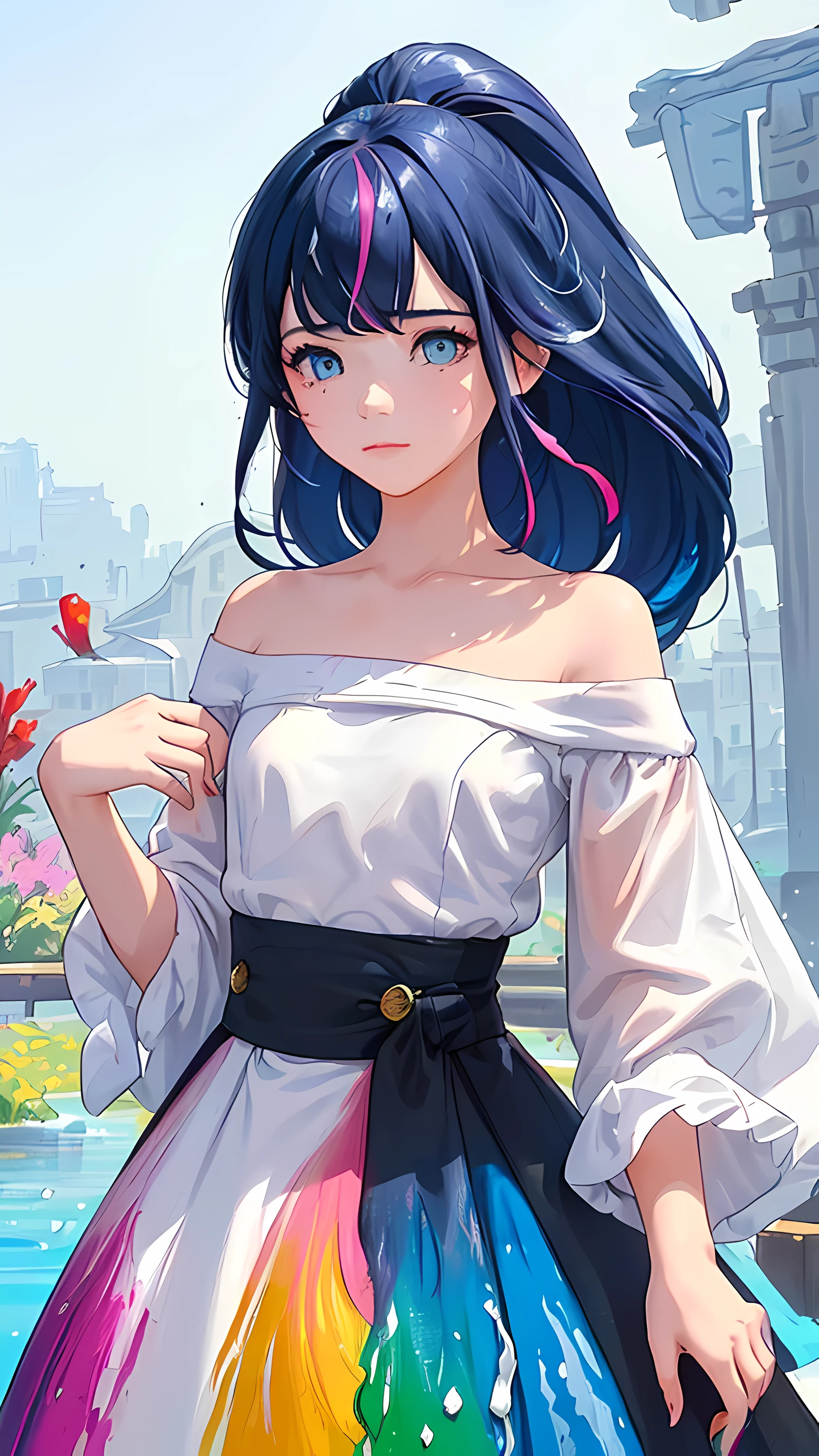 (Pink Fashion T-shirt:1.9),(Colorful hair: 1.8), (all the colours of the rainbow: 1.8),(((((vertical painting:1.6))), (painting:1.6),front, comics, illustrations, paintings, large eyes, crystal clear eyes,( rainbow color gradient high ponytail:1.7), exquisite makeup, closed mouth,(Small Fresh: 1.5),(Wipe Chest: 1.6) ,long eyelashes, white off shoulder T-shirt, White Shoulder Shirt,looking at the audience, large watery eyes, (rainbow colored hair:1.6), color splash, (solo:1.8), color splash, color explosion, thick paint style, messy lines, ((shining)),(colorful), (colorful), (colorful), colorful, Thick Paint Style, (Splash) (Color Splash), Vertical Painting, Upper Body, Paint Splash, Acrylic Pigment, Gradient, Paint, Highest Image Quality, Highest Quality, Masterpiece, Solo, Depth of Field, Face Paint, colorful clothes, (Elegant: 1.2), gorgeous,long hair, wind, (Elegant: 1.3), (Petals: 1.4),(((masterpiece))),(((best quality))),((ultra-detailed)),(illustration),(dynamic angle),((floating)),(paint),((disheveled hair)),(solo),(1girl) , (((detailed anima face))),((beautiful detailed face)),collar,bare shoulders,white hair, ((colorful hair)),((streaked hair)),beautiful detailed eyes,(Gradient color eyes),(((colorful eyes))),(((colorful background))),(((high saturation))),(((surrounded by colorful splashes))),