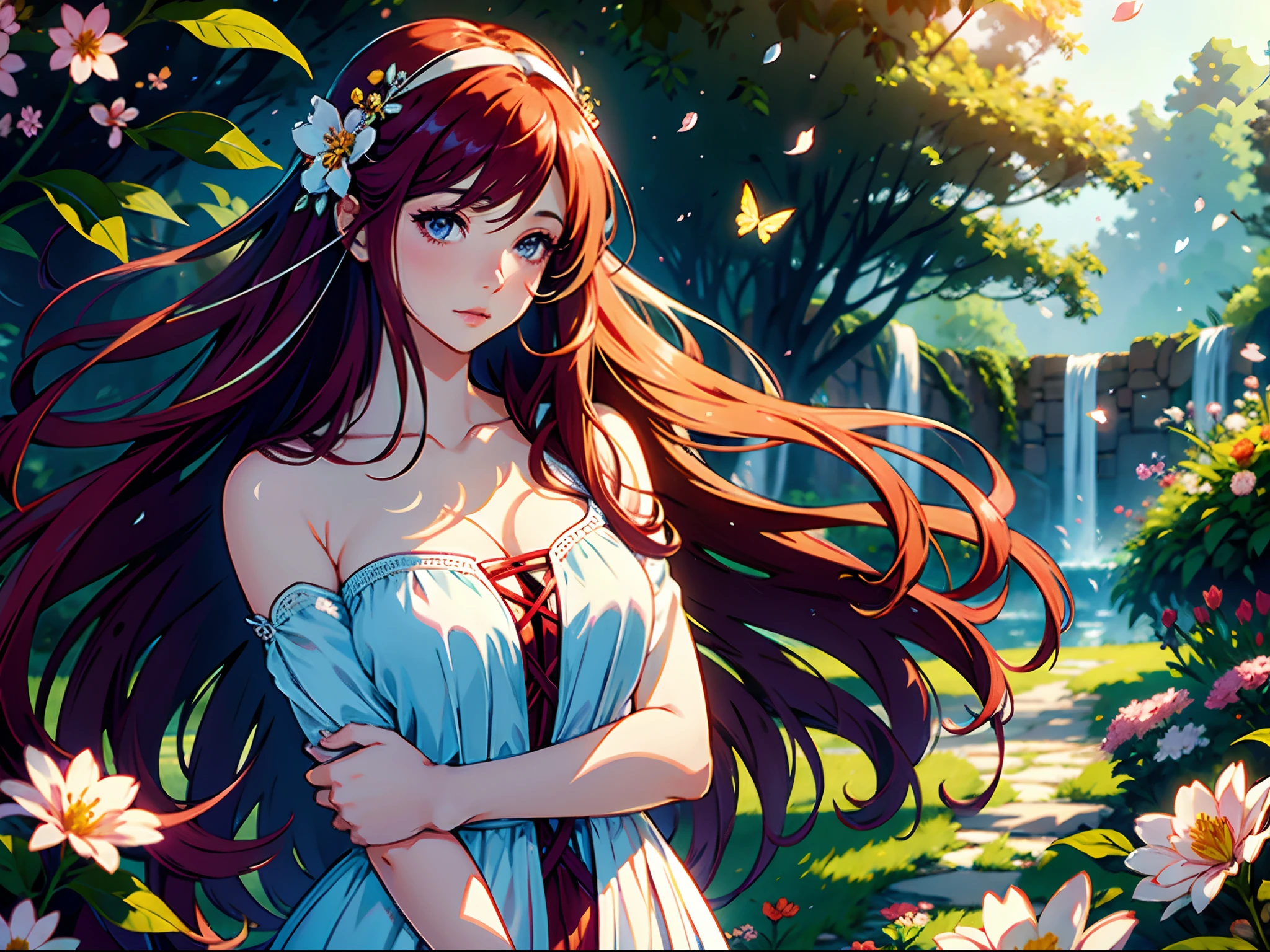 (best quality, realistic, highres:1.2), vibrant colors, detailed eyes and face, beautiful lips, flowing hair, (anime style), soft lighting, garden background, peaceful atmosphere, expressive eyes, delicate features, innocent expression, graceful posture, (medium: digital illustration), [greenery], [natural lighting], subtle shadows, intricate details, ethereal beauty, [butterflies dancing], tranquil setting, mesmerizing gaze, (long red flowing hair), [subtle breeze], [soft sunlight], [serene mood], [dreamy], [gentle colors], [playful butterflies], [whimsical], [magical], [flower petals floating], (hair accessory: white flower), [delicate petals], [artistic composition], [fairytale-like], (single girl), [relaxed pose], [subtle blush], [serene expression], [charming], [playful atmosphere], [focus on girl's face], [subtle glow], [mystical aura],crimson hair, crimson eyes.