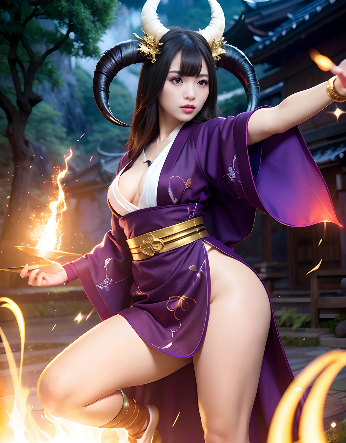 ((World of Darkness)),Professional , masterpiece、top-quality、photos realistic , depth of fields 、(sexypose)、Oiran hairstyle、Maiko's hairstyle、(White maple on full bloom background),(Ultimate Beauty)、A dark-haired、(shrine background)、(Kimono with beautiful pattern)、(Night background)、Beautiful hair ornament on the head、((Precipitous cliffs)),(Wear a beautiful kimono),(Wear a beautiful kimono with colorful floral patterns)、Jewel Gold Weapon、Particles of light),(Wearing a wizard's hat)、Gorgeous gold weapons ,Castle background、(( Gorgeous Dragon Sword)) , (a dark night),,(maikurobikini) 、((Black Haired Beautiful Girl))、(Castle background)、(demonic wings)、((Gangle's forest background))、Beautiful Caucasian beauty、1a person、dynamic ungle,(((Two devil's horns on the head)))、Smaller head、Idle Smile、Thin and beautiful female hands、Mystical expression、Light Effects、intense fighting、Wind-effect、magic circles、With the legendary magic wand、Dragon's tail、Full Body Angle、