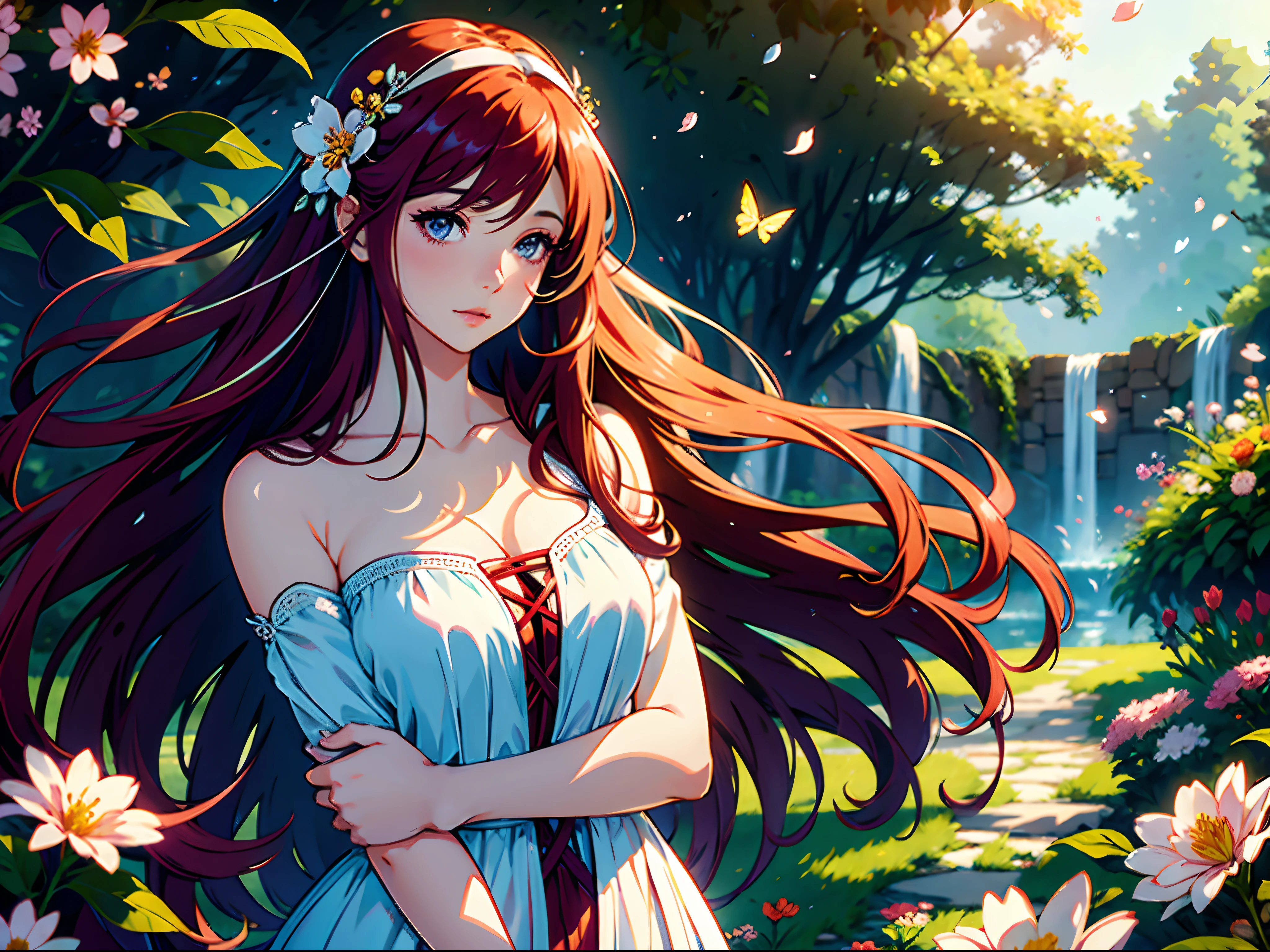 (best quality, realistic, highres:1.2), vibrant colors, detailed eyes and face, beautiful lips, flowing hair, (anime style), soft lighting, garden background, peaceful atmosphere, expressive eyes, delicate features, innocent expression, graceful posture, (medium: digital illustration), [greenery], [natural lighting], subtle shadows, intricate details, ethereal beauty, [butterflies dancing], tranquil setting, mesmerizing gaze, (long red flowing hair), [subtle breeze], [soft sunlight], [serene mood], [dreamy], [gentle colors], [playful butterflies], [whimsical], [magical], [flower petals floating], (hair accessory: white flower), [delicate petals], [artistic composition], [fairytale-like], (single girl), [relaxed pose], [subtle blush], [serene expression], [charming], [playful atmosphere], [focus on girl's face], [subtle glow], [mystical aura],crimson hair, crimson eyes.