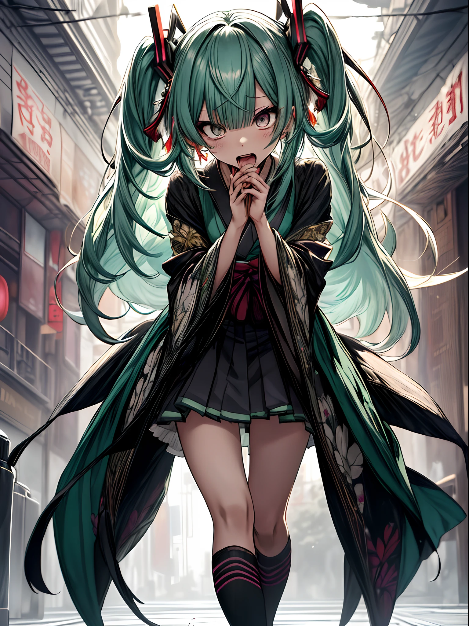 side view, (masterpiece), (colorful), (ultra-high resolution, depth of field:1.2), looking at viewer, (komeiji koishi:1.2), (1woman), adult, Touhou project, (medium breasts), (dark green eyes), white pupils, glowing eyes, green hair, wavy hair, (long hair), yellow ribbon, ponytail, (wearing a yellow yukata1.2). faint roses pattern, (A closed blue-purplish "third eye" is positioned over her heart, with cords wrapped around her torso and attached to each of her ankles), Japanese market scenery, night, sakura trees in the background, gentle smile