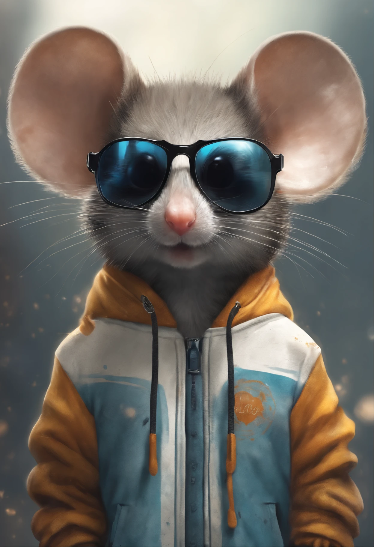 Perfect centering, Cute mouse, Wear a student team jacket, Wearing sunglasses, Wearing headphones, cheerfulness, Standing position, Abstract beauty, Centered, Looking at the camera, Facing the camera, nearing perfection, Dynamic, Highly detailed, smooth, Sharp focus, 8K, high definition resolution, illustration, Art by Carne Griffiths and Wadim Kashin, White background , and the mouse is laughing