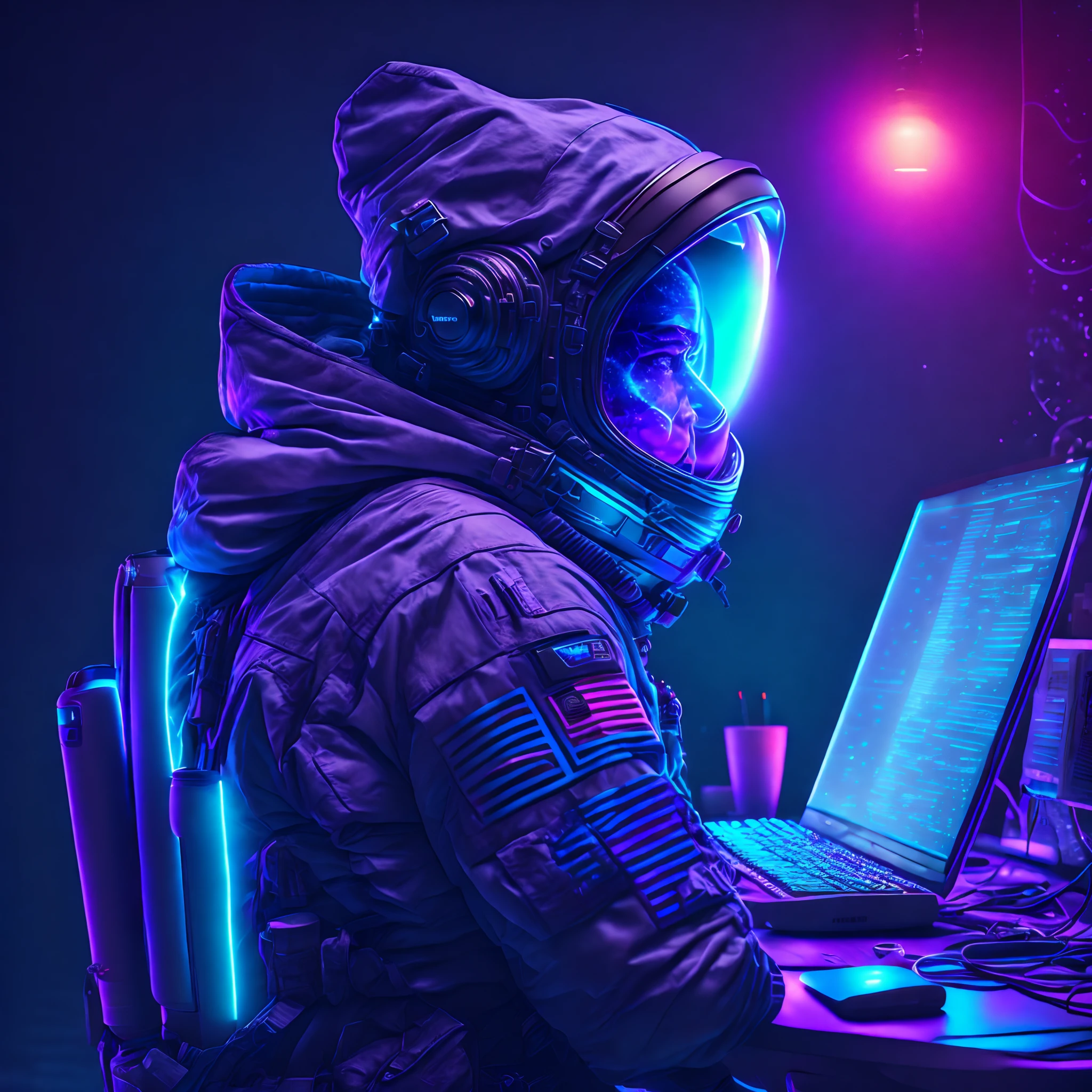 Astronauta estilo hacker usando computador virado para a frente, Badass, fundo neon azul e roxo, Epic lighting, Photography Lighting, reflection mapping, Ultra Detalhado, fotorrealista, cinemactic, movie quality rendering, vfx post production, rtx ray tracing lighting, atmosfera mal-humorada, sombra