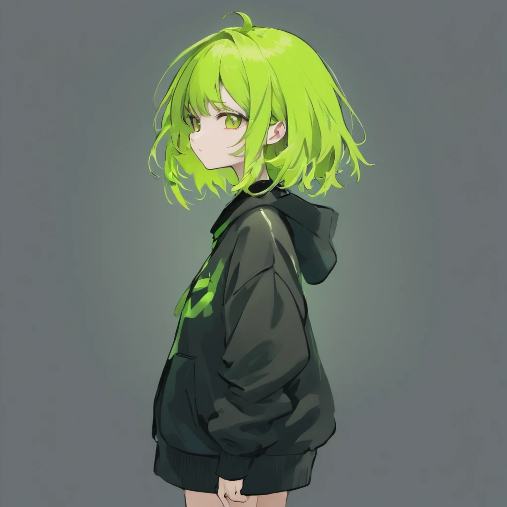 ((((((Look away, Not looking at the camera)))))), (((1 girl, Solo, Alone))),(((solid black background))),(Cartoonish style, quadratic element, Simple Color Scheme) , (Natural posture, Full body, Standing, Natural posture, upright posture), ((((Emphasis on image quality, top-quality, in 8K, ​masterpiece, Ultra High Resolution)))), (crisp lines, Crisp Contours, Clean lines),((((shoulder length hair、Hair color is lime green, Wavy Hair)))), (Anime, big eye, Deformation, Cute, Anime Character, It features a simple, Eye Highlight, Simple little nose, Less hair highlights, smooth lines),((((Wearing a black cardigan over a white shirt、Wear chef pants、Wear sneakers )))), ((((boyish, Serious, Cool))))