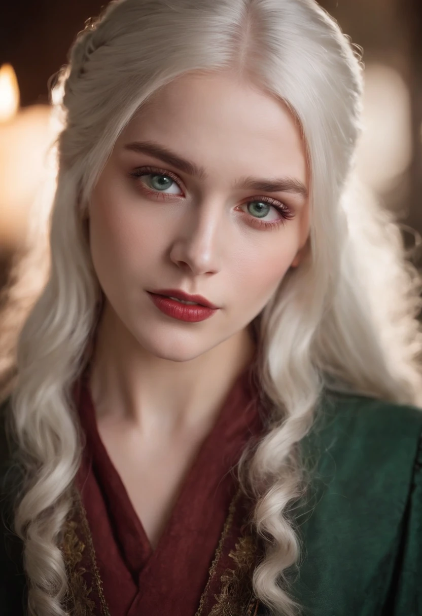 (((a deep reddish wound crosses her left cheek))) fair complexion, woman around 19 years old, natural white hair, distinctive green eyes, wearing kohl, slender and graceful, beautiful, candlelight in a medieval setting, ultra sharp focus, realistic shot, medieval female clothes, tetradic colors (scar:1.4)