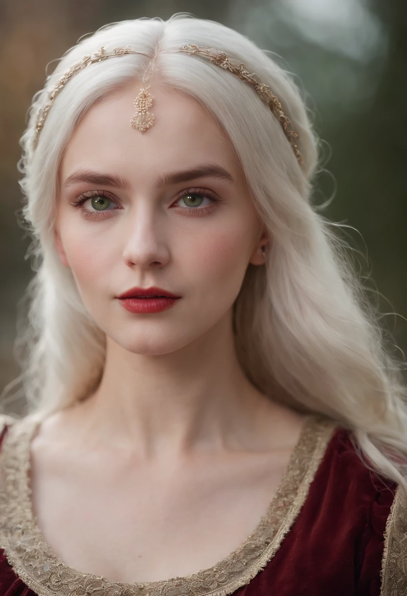 (((a deep reddish wound crosses her left cheek))) fair complexion, woman around 19 years old, natural white hair, distinctive green eyes, wearing kohl, slender and graceful, beautiful, candlelight in a medieval setting, ultra sharp focus, realistic shot, medieval female clothes, tetradic colors (scar:1.4)