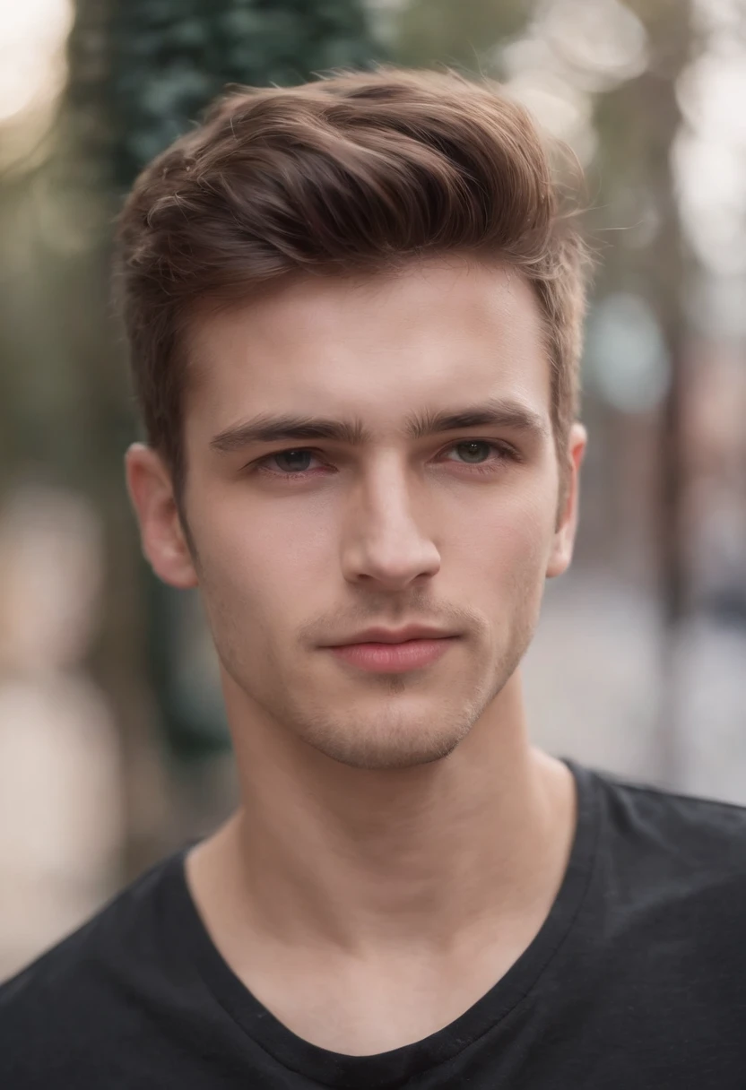 22 year old boy, caucasian, black shirt,messy quiff hairs style, square face shape, light beard, looking at camera, street photograpghy, straight possing, perfect lighting, deep shadow, best quality, masterpiece, ultra highres, photorealistic