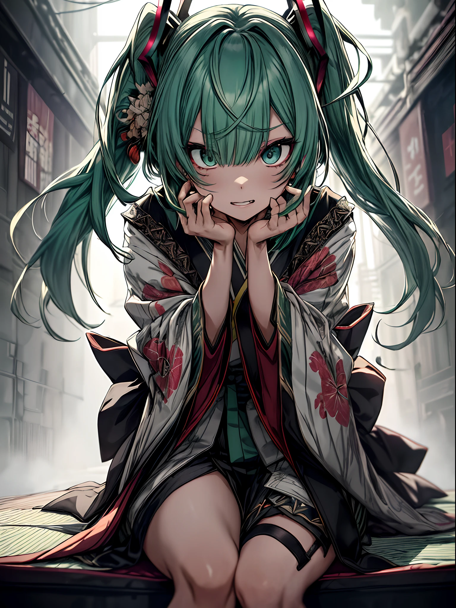 Full body、sit on a chair, cross one's legs、holding the mic、Japanese dress、Kimono Dresses、long、miku hatsune、Green hair、Twin-tailed、Ahegao ( Silly / Sexual ecstasy)、Cross-eyed、Stranger、View other people、Blunt bangs、 over-kneehighs,Ahegao , Silly,Sexual ecstasy,Drunken eyes,Blunt bangs, Green hair,(masutepiece:1.2, Best Quality), (finely detailed beautiful eye: 1.2), (Detailed background,Dark Fantasy), (beautifull detailed face), High contrast, (Best Illumination, extremely delicate and beautiful), ((Cinematic Light)), Colorful, Hyper Detail, Dramatic light, Intricate details,