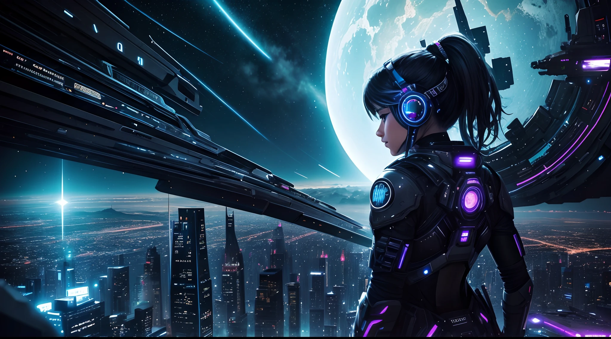 Una calidad de imagen ultra alta、highest qualityr、Ciudad del futuro、cyberpunked、Luz vibrante、Rascacielos、en las nubes、Vista del universo、Mundo SF、