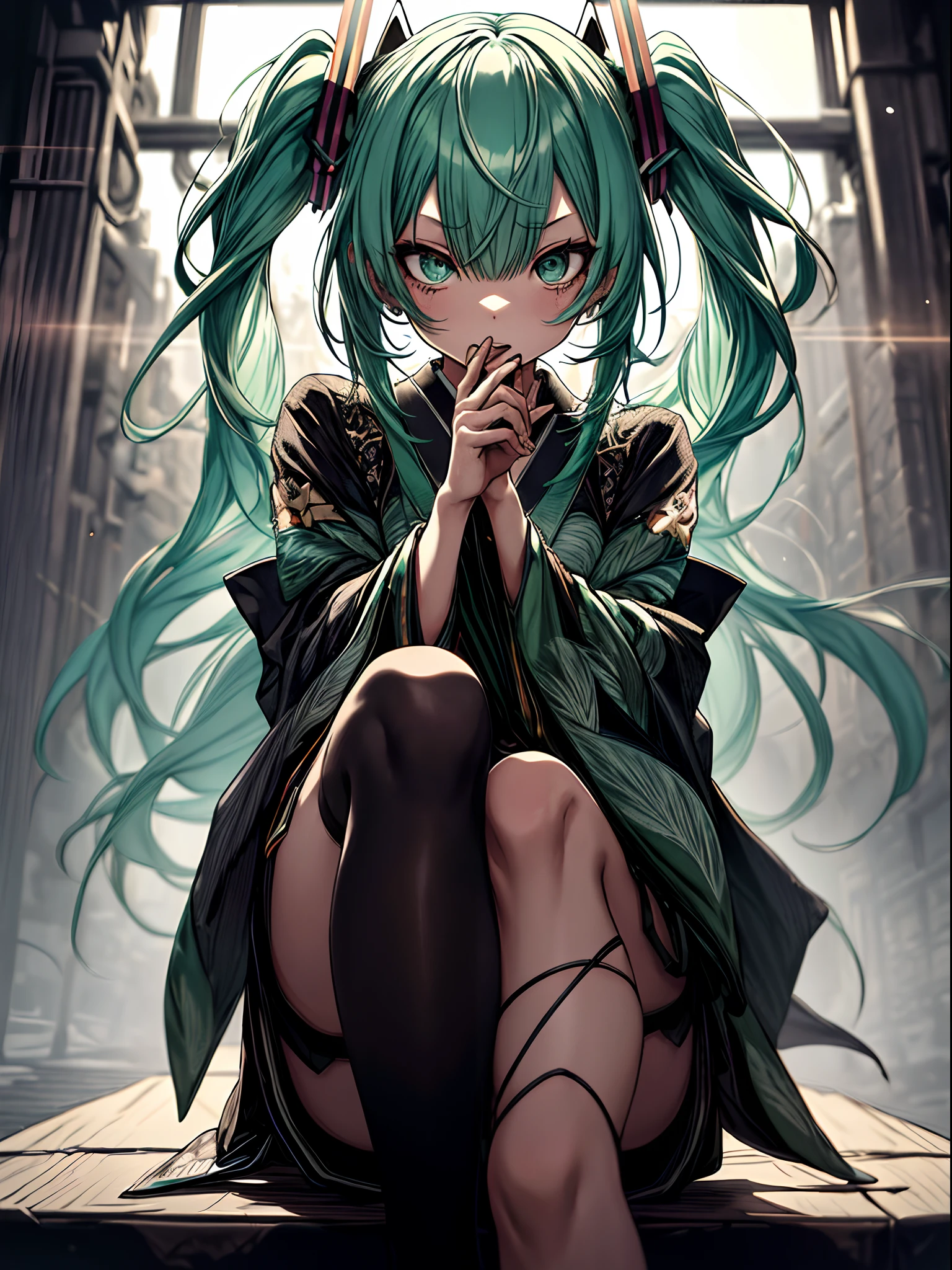 Full body、sit on a chair, cross one's legs、holding the mic、Japanese dress、Kimono Dresses、long、miku hatsune、Green hair、Twin-tailed、Ahegao ( Silly / Sexual ecstasy)、Cross-eyed、Stranger、View other people、Blunt bangs、 over-kneehighs,Ahegao , Silly,Sexual ecstasy,Drunken eyes,Blunt bangs, Green hair,(masutepiece:1.2, Best Quality), (finely detailed beautiful eye: 1.2), (Detailed background,Dark Fantasy), (beautifull detailed face), High contrast, (Best Illumination, extremely delicate and beautiful), ((Cinematic Light)), Colorful, Hyper Detail, Dramatic light, Intricate details,