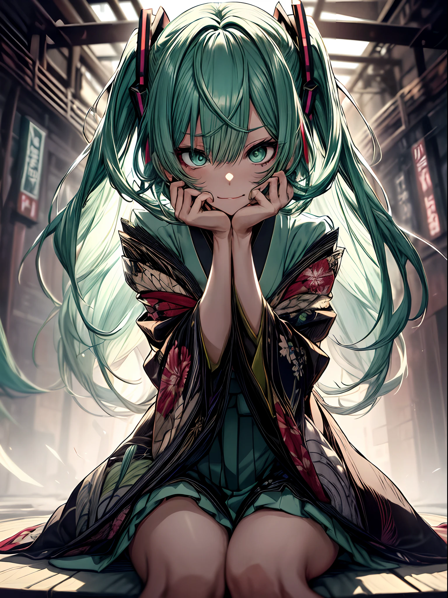Full body、sit on a chair, cross one's legs、holding the mic、Japanese dress、Kimono Dresses、long、miku hatsune、Green hair、Twin-tailed、Ahegao ( Silly / Sexual ecstasy)、Cross-eyed、Stranger、View other people、Blunt bangs、 over-kneehighs,Ahegao , Silly,Sexual ecstasy,Drunken eyes,Blunt bangs, Green hair,(masutepiece:1.2, Best Quality), (finely detailed beautiful eye: 1.2), (Detailed background,Dark Fantasy), (beautifull detailed face), High contrast, (Best Illumination, extremely delicate and beautiful), ((Cinematic Light)), Colorful, Hyper Detail, Dramatic light, Intricate details,