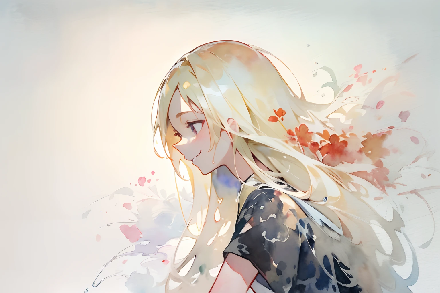 ((masutepiece)), (Professional Photography:1.2), (High Definition:1.3), Best Quality, (watercolor painting:1.3), from side, wide shot, ((face in profile)), blond hair, silky long hair, age japanese cute girl, (very troll face), smile, black T-Shirts, (simple white background:1.10), pale red fine ink splashing