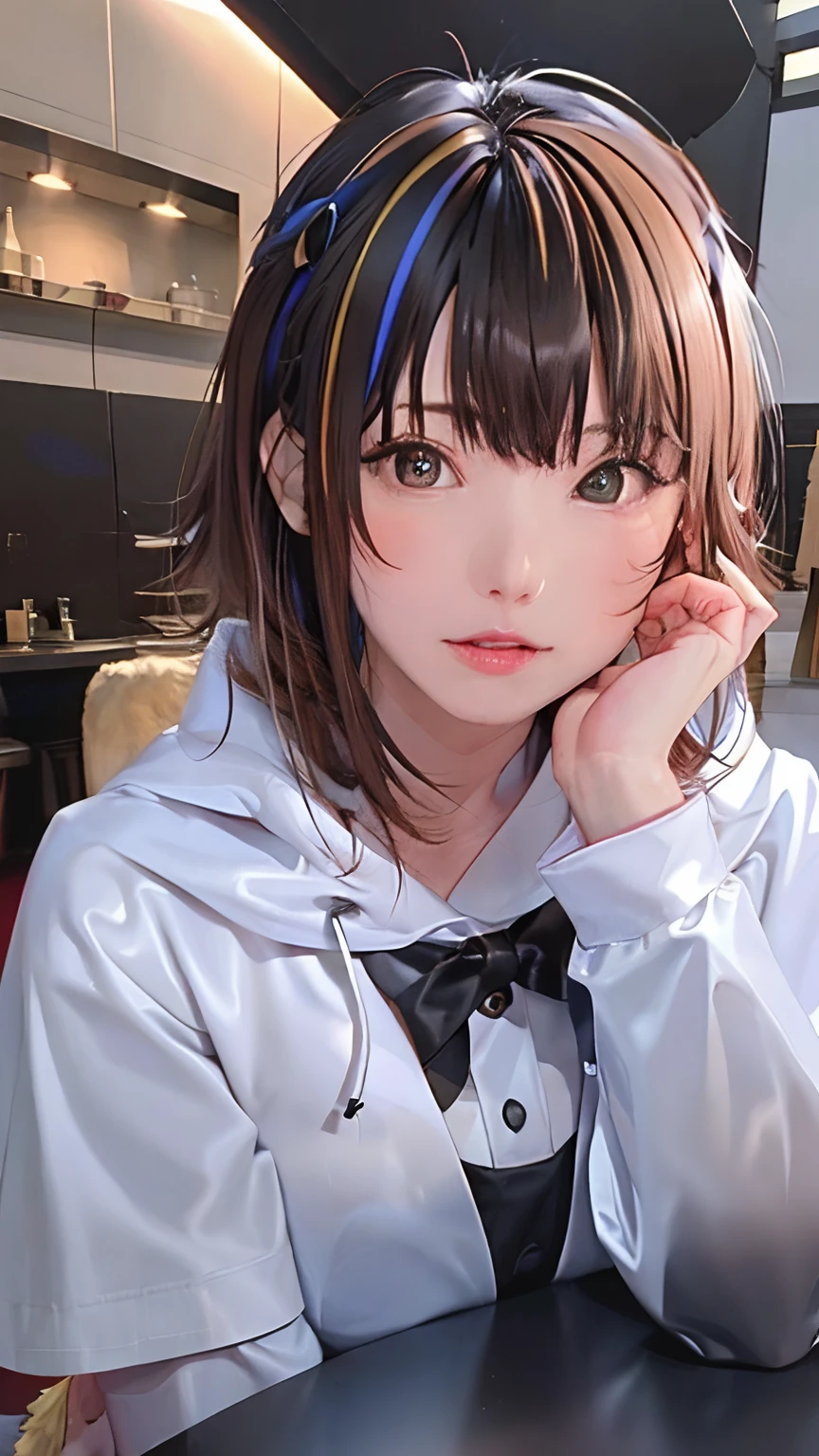 (masterpiece、top-quality、hight resolution、Official art、Beautifully Aesthetic:1.2)、(8K:1.4)、(1girl in)、ighly detailed、Best Quality、(Photorealsitic:1.4)、Realistic、colourfull、highestdetailed、face perfect、The upper part of the body、nffsw、(doa:1.3)、(White cloak golden lines:1.2)、intergalactic、(light streaks)、striking visuals、(Dynamic streaks、Bright trajectory:1.2)、vivd colour、