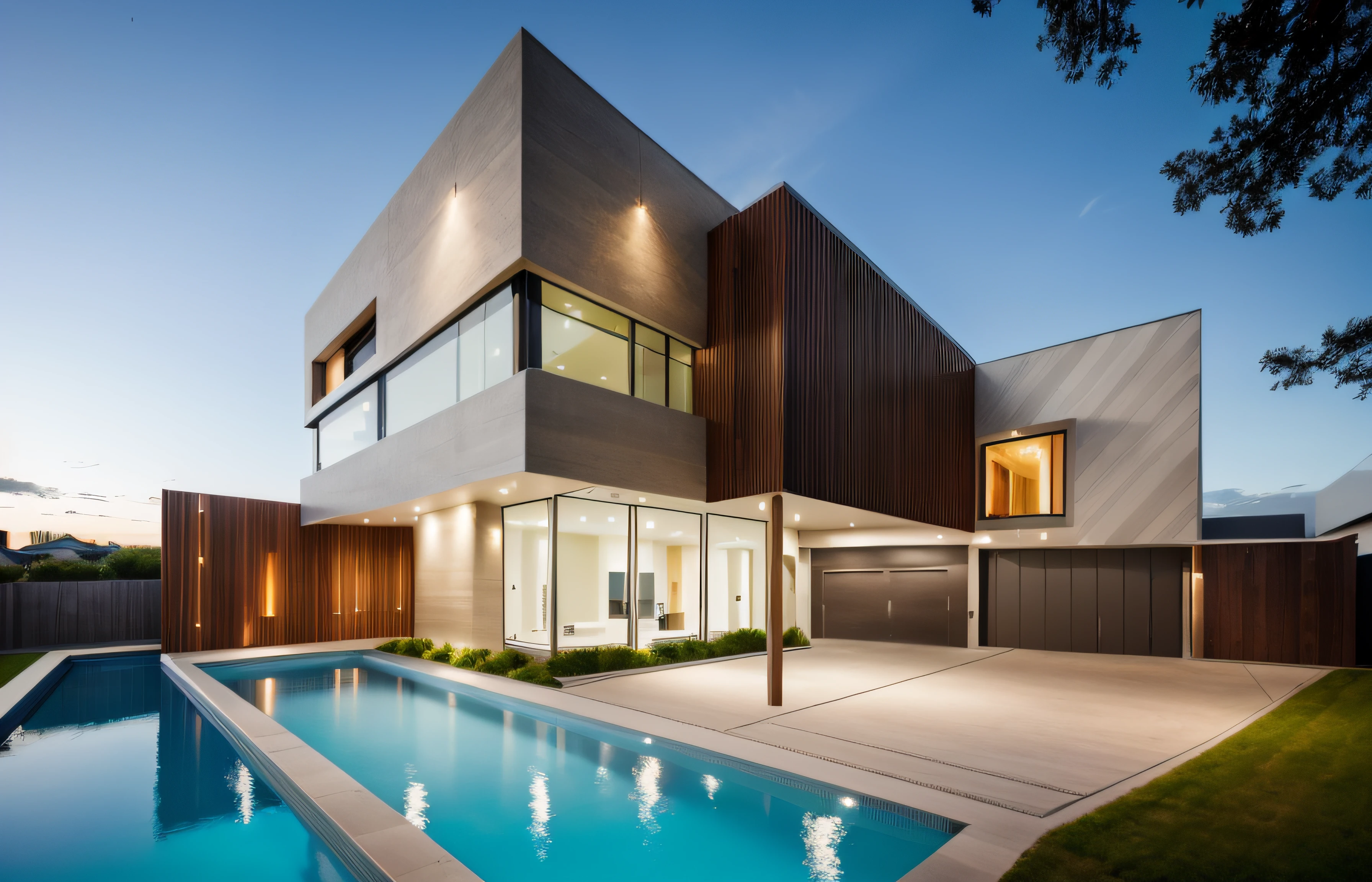 a view of a modern home with a large front yard, main material by white wall and stone and wood, 1 road runs in front of the house, (RAW photo, real, best quality, masterpiece:1.2), look morden minimalist, 1 road in front of the house, shime ring light, light brighteness from indoor:1.2, dynamic lighting:1.3, (hyper realistic, photo-realistic:1.2), high quality, day lighht, hight contrast :0.5 perfect lighting, archdaily, award winning contemporary, contemporary masterpiece, well-designed masterpiece, large modern residence, neotraditional modern, wide angle exterior 2022, midcentury modern, contemporary house, hip modern vibe, a long-shot from front, award winning modern design, stunning lines, residential, subtle detailing,Green tree in front of the house,There is a large, ((modern swimming pool in front of the house)), sunset light
