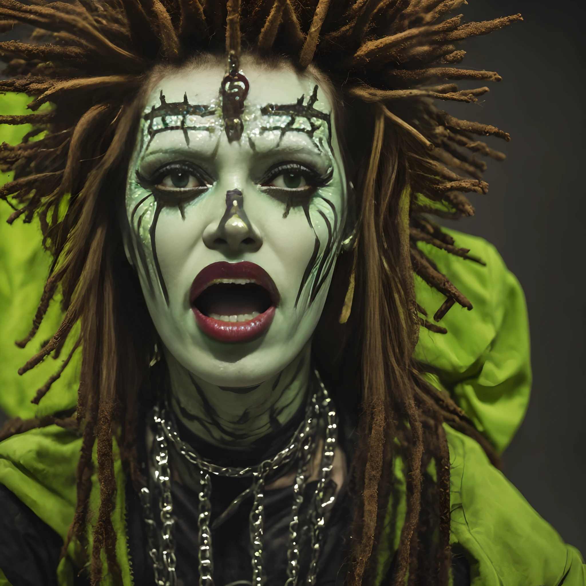 Grace jones androgynous in lime green, recrie obras de bruce labruce com modelos negras vestindo roupas fertichistas, de couro, durante, com picos, Correntes, espartilho, shoelaces, Estilo punk, Cyberpunk, futurista, with a predominance of brown colors, portanto, verde limao, branco e prata, background composed of a place with roots of large and ancient trees, chao de madeira, longo, objetos sinistros, industrial decoration, filmes de terror, ocultismo, water, Voodoo africano, ROSTOS PERFEITOS, maos perfeitas, olhos perfeitos, MEMBROS PERFEITOS, peles negras, personagem hellraiser verde limao, melhor qualidade, obra-prima, alta resolução, 8k, imagem hiper-realista, foto profissional, imagem realista, whole body view, angles from bottom to top