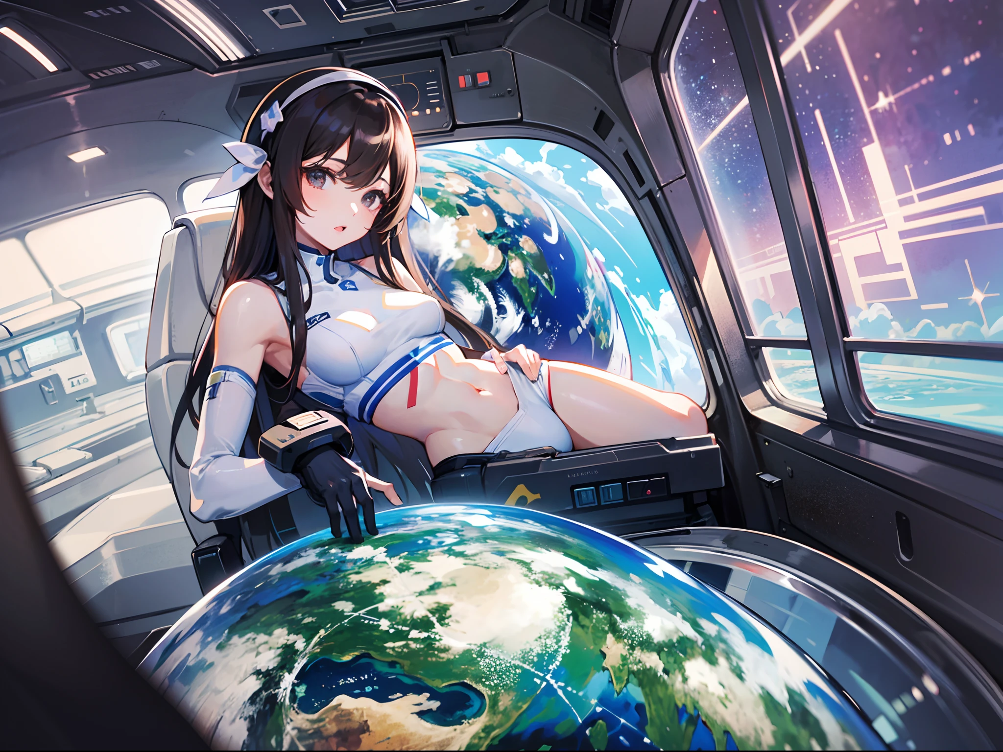 ((masterpiece))、((Top image quality))、((Top image quality))、(Illustration of one girl)、full body Esbian、((a beauty girl))、(neuter)、((Light blue long hair))、shairband、Black eyes、((Brown-skinned))、(Toned body)、abdominals、((White pilot suit))、((Inside the spaceship))、(Outside the window、kosmos、Earth seen from space、Spaceport)