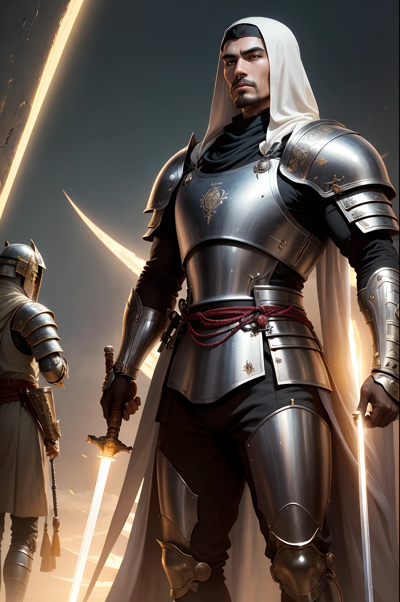 (Sci-fi fantasy), (Masterpiece), (professional oil painting) (best quality), (8k resolution), two men,, the first is Arabic knight, the second is Japanese Samurai, theSamurai, Arabian knight, Arabic knight vs Samurai, Arabic knight uniform, Samurai uniform, Arabic sword, Samurai sword, Arabic Sword vs Samurai Sword, focusing on sword, forcus on Arabic knight and Samurai