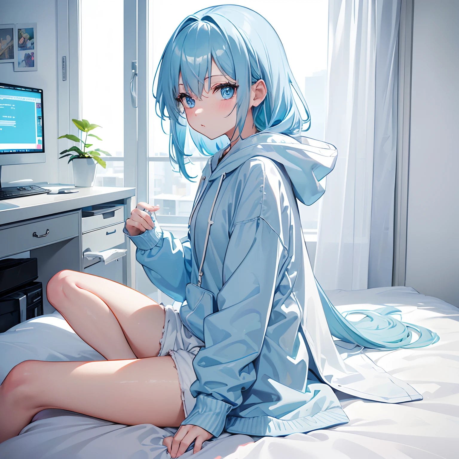 1girl, long pastel blue hair, blue eyes, white skin, wearing oversized pastel blue hoodie, short shorts, bed, absurdres, high res, ultrasharp, 8k, masterpiece, looking at viewer