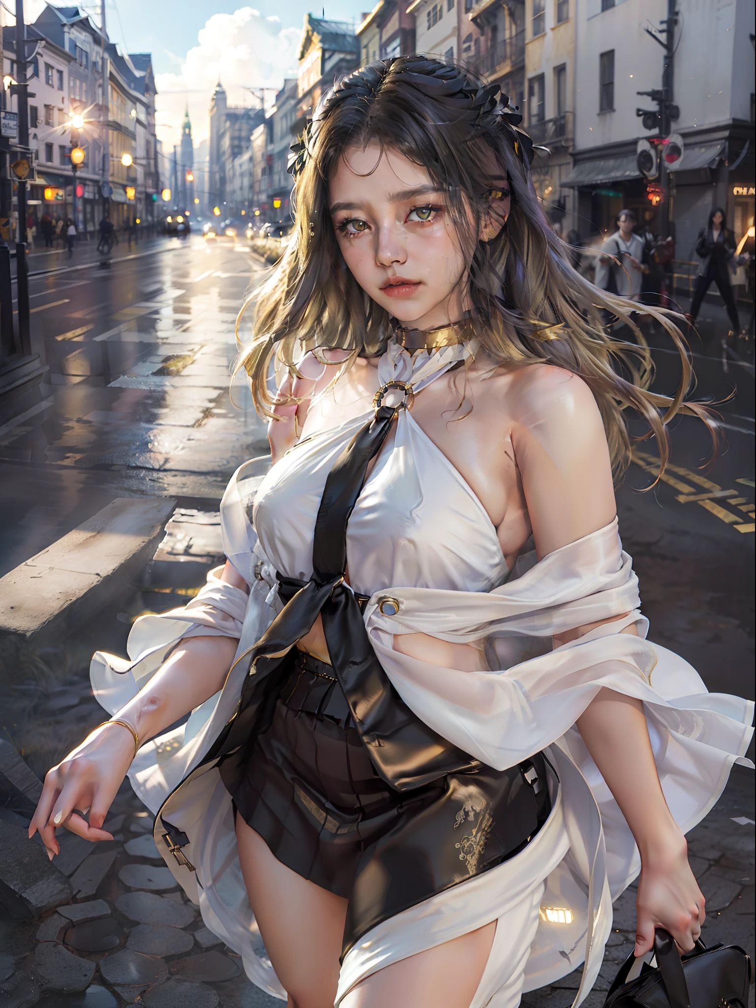 1girl, intricate detail, masterpiece, best quality, extremly detailed,cinematic lighting, beautiful detailed glow, finely detailed beautiful face and eyes, 8k, dark intense shadows, yellow eyes, medium hair, black hair, bangs, floating hair, black jacket, open jacket, white shirt, expressionless, yellow necktie, black skirt, spotlight, sunshine, sunrise, gradient sky, city, lens flare, cowboy shot, [[curvy]], [mature female]