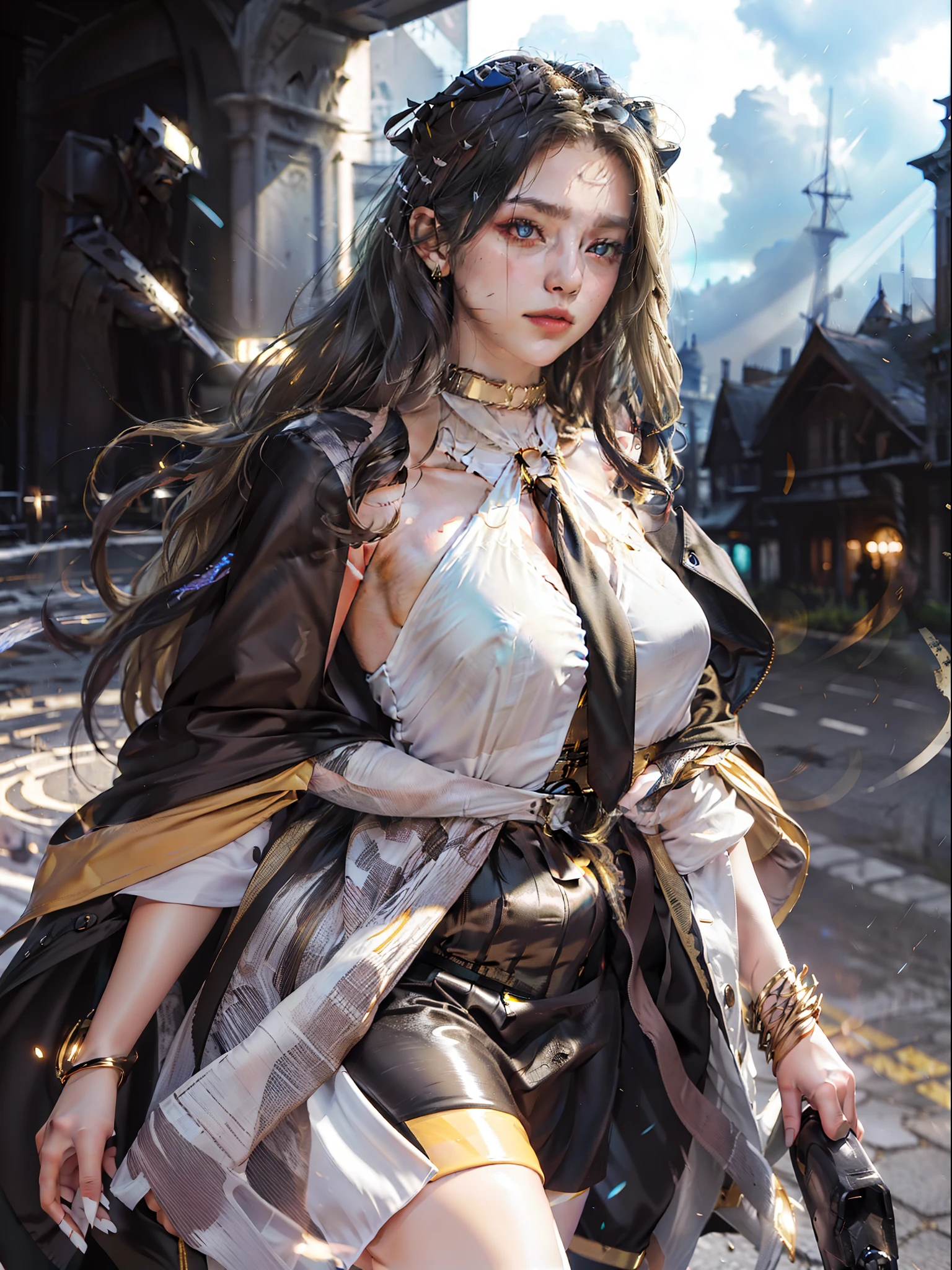 1girl, intricate detail, masterpiece, best quality, extremly detailed,cinematic lighting, beautiful detailed glow, finely detailed beautiful face and eyes, 8k, dark intense shadows, yellow eyes, medium hair, black hair, bangs, floating hair, black jacket, open jacket, white shirt, expressionless, yellow necktie, black skirt, spotlight, sunshine, sunrise, gradient sky, city, lens flare, cowboy shot, [[curvy]], [mature female]