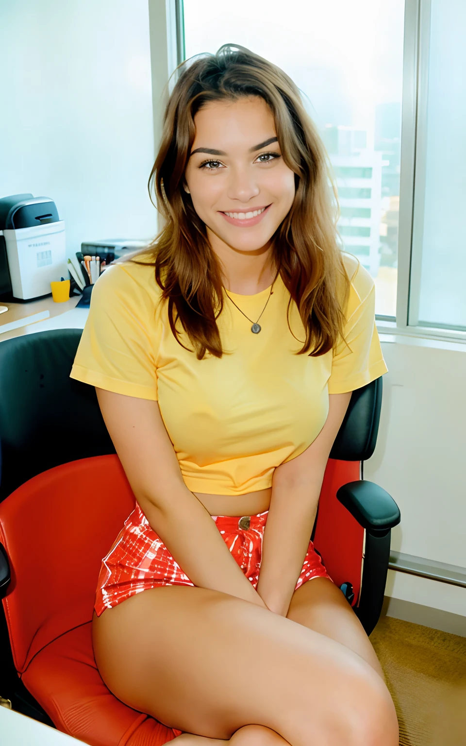 Kodak disposable camera photo of a beautiful female, smiling suggestively, sitting in an office