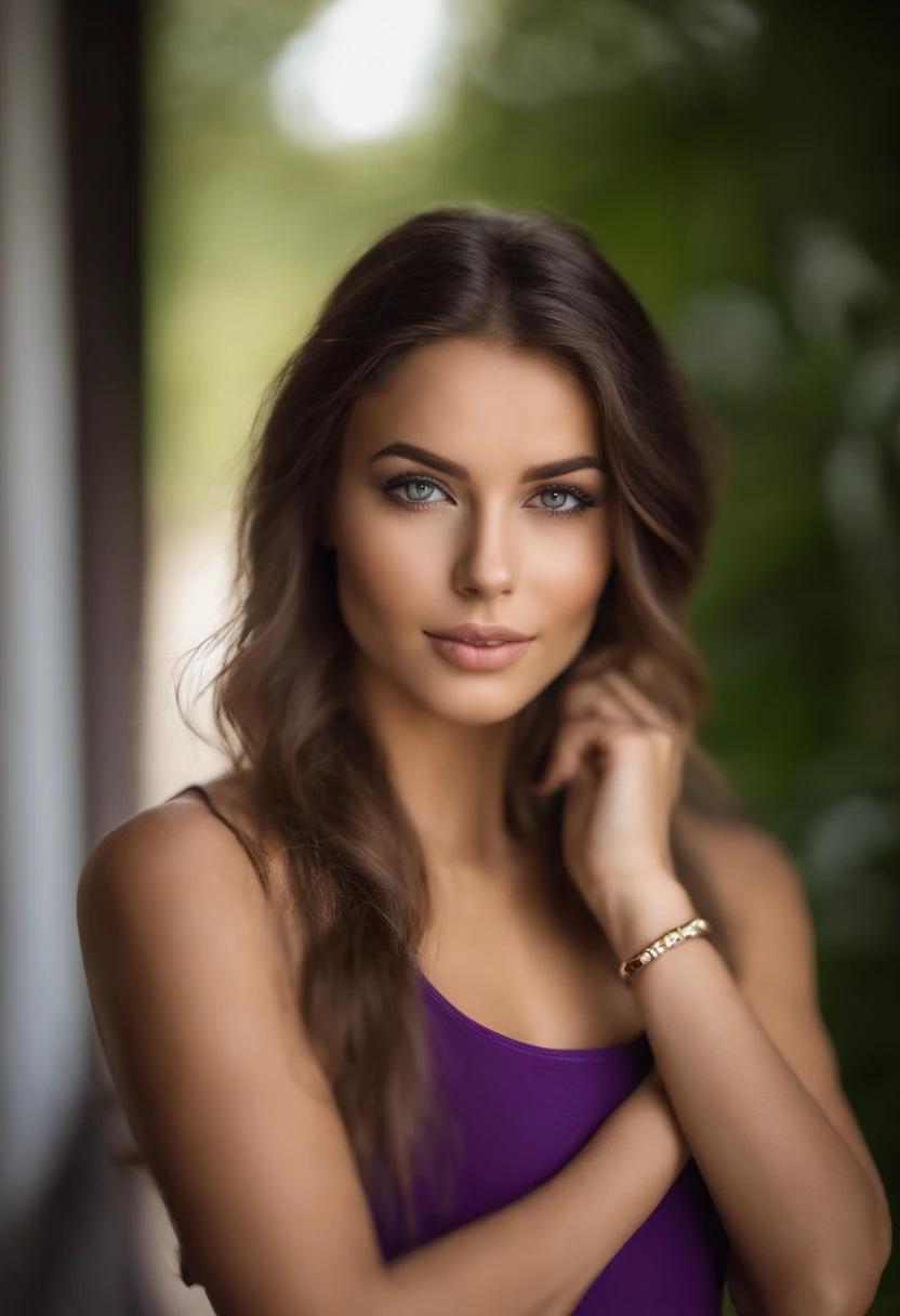 Arafed woman with a white tank top and necklace, fille sexy aux yeux verts, Portrait Sophie Mudd, cheveux bruns et grands yeux, selfie of a young woman, Yeux de chambre, Violet Myers, sans maquillage, maquillage naturel, looking straight at camera, Visage avec Artgram, Maquillage subtil, Superbe photo du corps entier, piercing green eyes, Bel angle, pose attrayante, fille mignonne, sexy pose, Image du corps entier, corps entier, Prise de vue du corps entier, brunette goddess, High detail, pose satisfaite, Pantalon en cuir