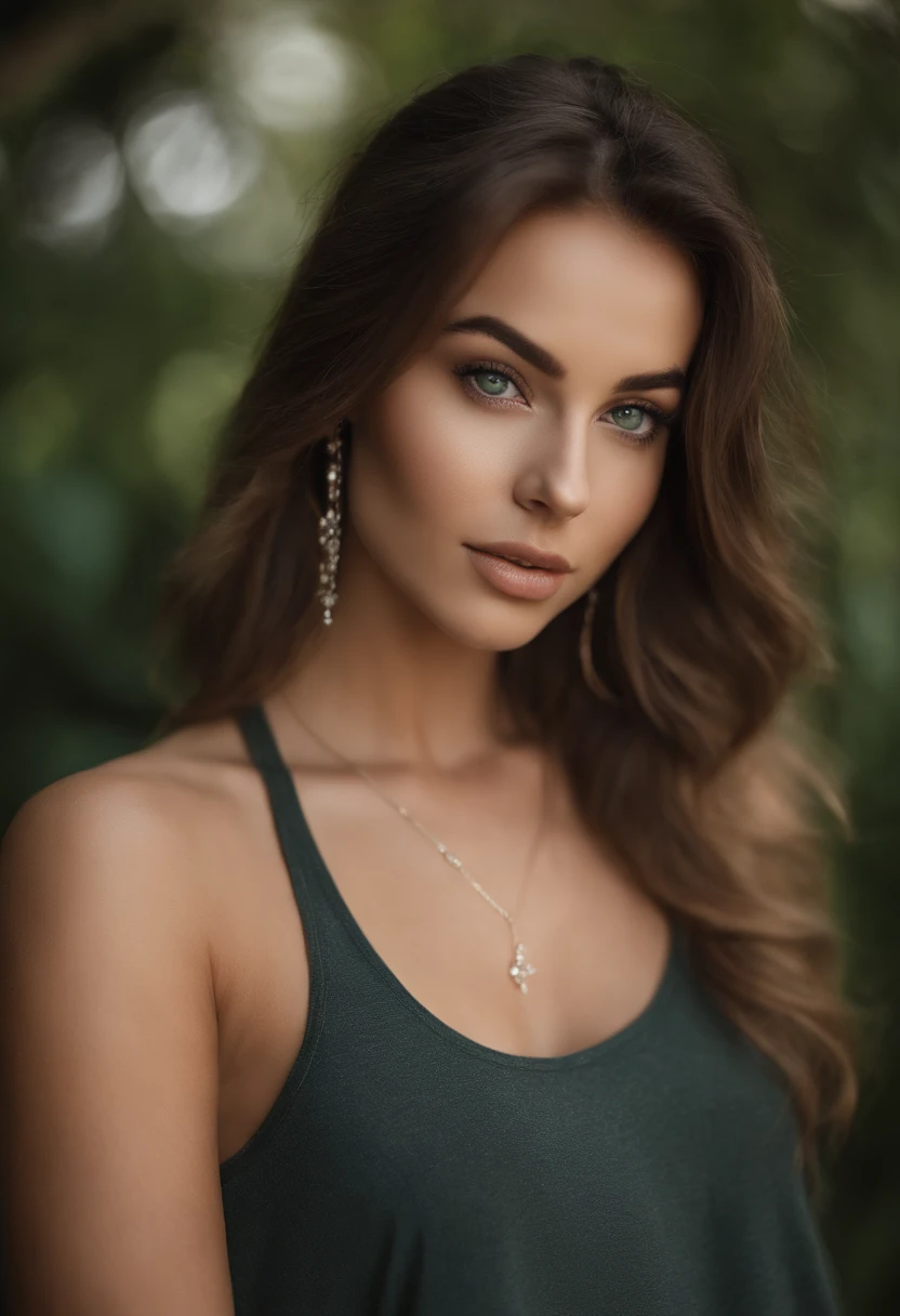 arafed woman with a white tank top and a necklace, sexy girl with green eyes, portrait sophie mudd, brown hair and large eyes, selfie of a young woman, bedroom eyes, violet myers, without makeup, natural makeup, looking directly at the camera, face with artgram, subtle makeup, stunning full body shot, piercing green eyes, massive cleavage, show nipples, Double D cup