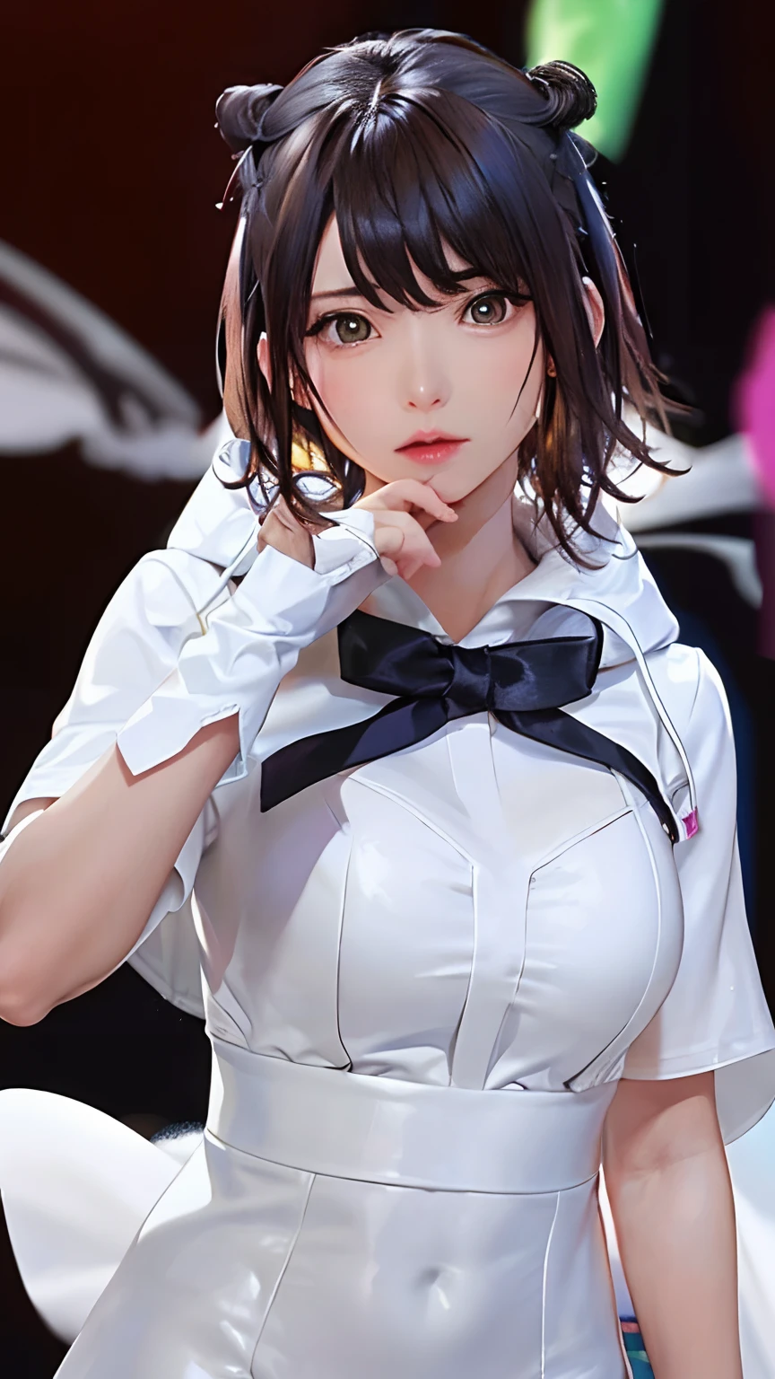 (​masterpiece、top-quality、hight resolution、Official art、Beautifully Aesthetic:1.2)、(8K:1.4)、(1girl in)、ighly detailed:1.4、Best Quality、。.3D、(Photorealsitic:1.4)、Realistic、colourfull、highestdetailed、face perfect、The upper part of the body、nffsw、(doa:1.3)、(White cloak golden lines:1.2)、intergalactic、(light streaks)、striking visuals、(Dynamic streaks、Bright trajectory:1.2)、vivd colour、a pixie cut