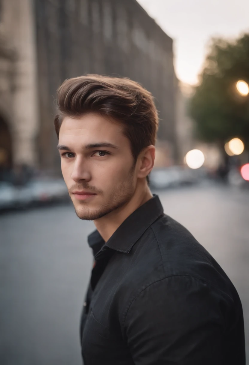 22 year old boy, caucasian, black shirt,messy quiff brown hairs style, square face shape, light beard, looking at camera, street photograpghy, straight possing, perfect lighting, deep shadow, best quality, masterpiece, ultra highres, photorealistic