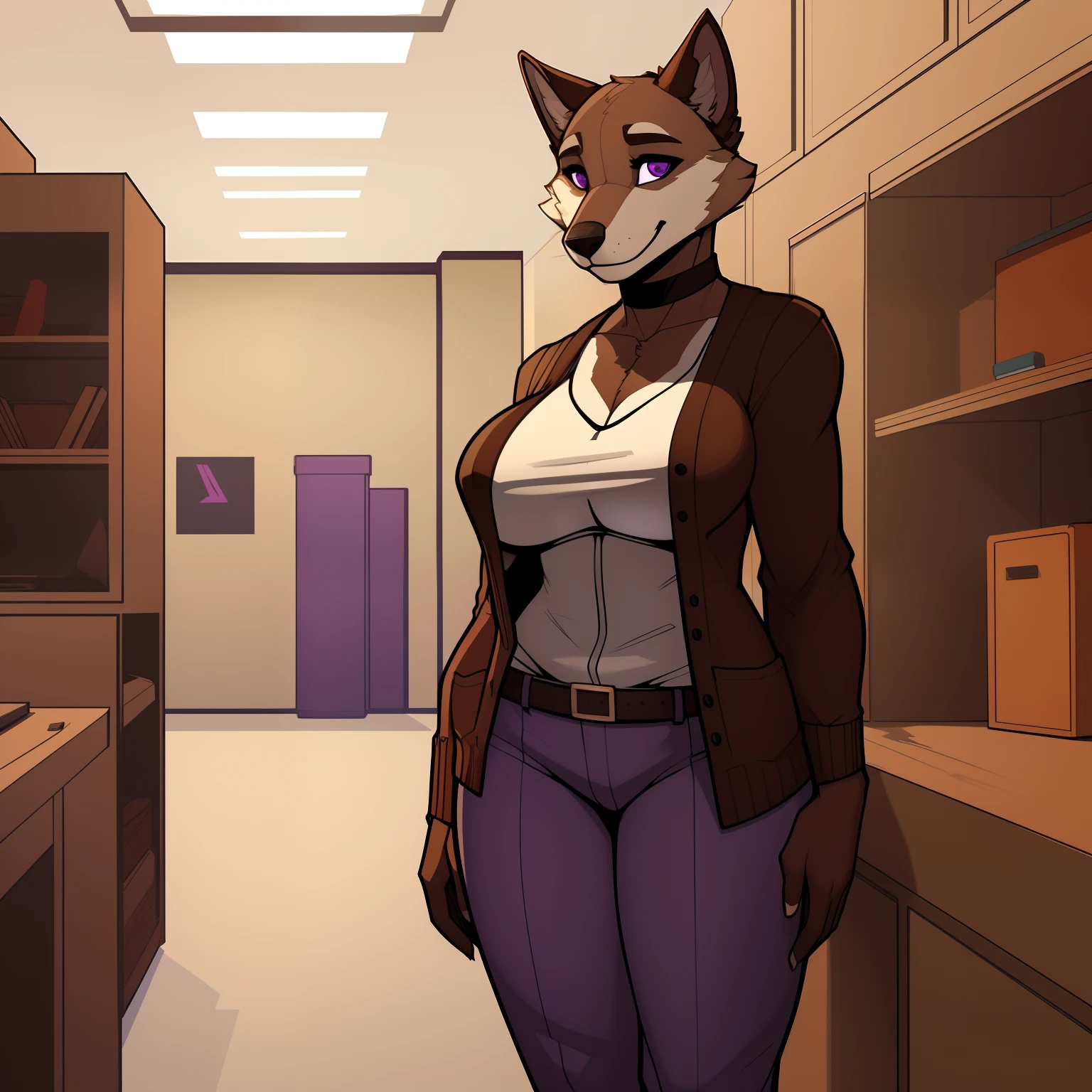 Athletic_Mature_timberwolf full_breasts female brown_furry_body purple_eyes very_fluffy cardigan pants solo Masterpiece best_quality absurdres highly_detailed cleanly_drawn_eyes anthro_only embarrassed_smile by_claweddrip, by_greasymojo, by_underscore-b, by_runawaystride