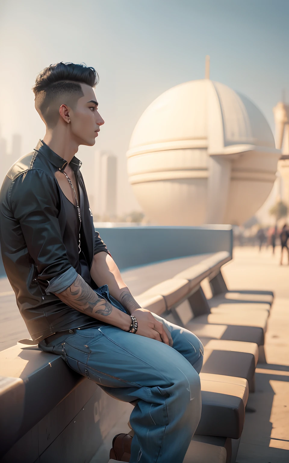 A solo boy, black shirt, body, denim jeans pant, stylish look, realistic look, Dubai amusement park background, 8k , HD, real,