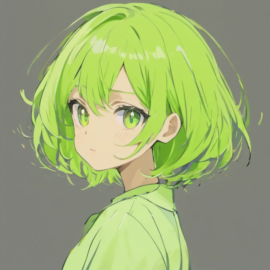((((((Anime style、Anime color scheme、 Less hair highlights, Lines of anime)))))), (((1 girl, Solo, Alone))),(((solid black background))),(Cartoonish style, quadratic element, Simple Color Scheme) , (Stand facing us、Natural posture, upright posture), ((((Emphasis on image quality, top-quality, in 8K, masterpiece, 超A high resolution)))), (crisp lines, Crisp Contours),((((shoulder length hair、Hair color is lime green, Wavy Hair)))), (Anime, big eye, Deformation, Cute, Anime Character, It features a simple, Eye Highlight, Simple little nose),((((Wear a white baggy shirt )))), ((((boyish, Serious, Cool))))