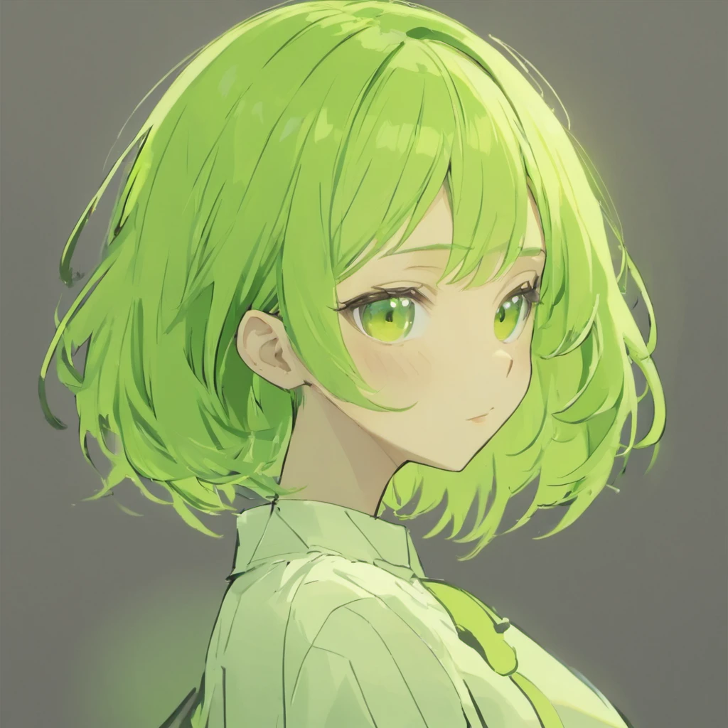 ((((((Anime style、Anime color scheme、 Less hair highlights, Lines of anime)))))), (((1 girl, Solo, Alone))),(((solid black background))),(Cartoonish style, quadratic element, Simple Color Scheme) , (Stand facing us、Natural posture, upright posture), ((((Emphasis on image quality, top-quality, in 8K, ​masterpiece, 超A high resolution)))), (crisp lines, Crisp Contours),((((shoulder length hair、Hair color is lime green, Wavy Hair)))), (Anime, big eye, Deformation, Cute, Anime Character, It features a simple, Eye Highlight, Simple little nose),((((Wear a white baggy shirt )))), ((((boyish, Serious, Cool))))