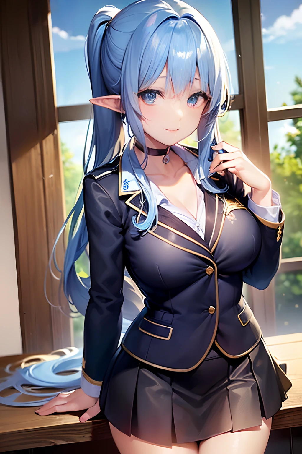 masterpiece, best quality, 1girl, solo, standing, rin, halo, sleeveless, necktie, white dress, pantyhose, mature female, parted lips, white jacket, glasses, wide hips, hand to own face, adjusting eyewear, classroom, looking at viewer, large breasts, legs, sitting,