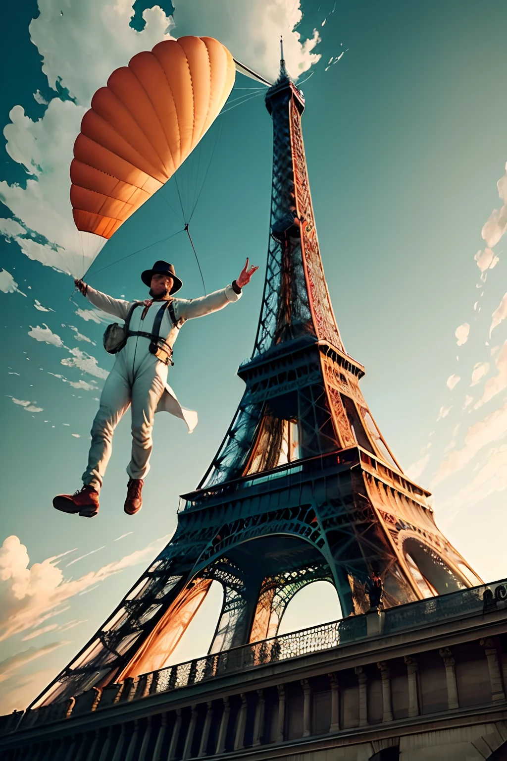 You see a man dressed in a rudimentary parachute suit on the roof of the majestic Eiffel Tower in Paris. Il se tient au bord du rebord, arms outstretched, Ready to jump into the sky. Le vent agite son costume fait de drap et de fil. in background, the Eiffel Tower rises majestically, avec la ville de Paris en toile de fond.