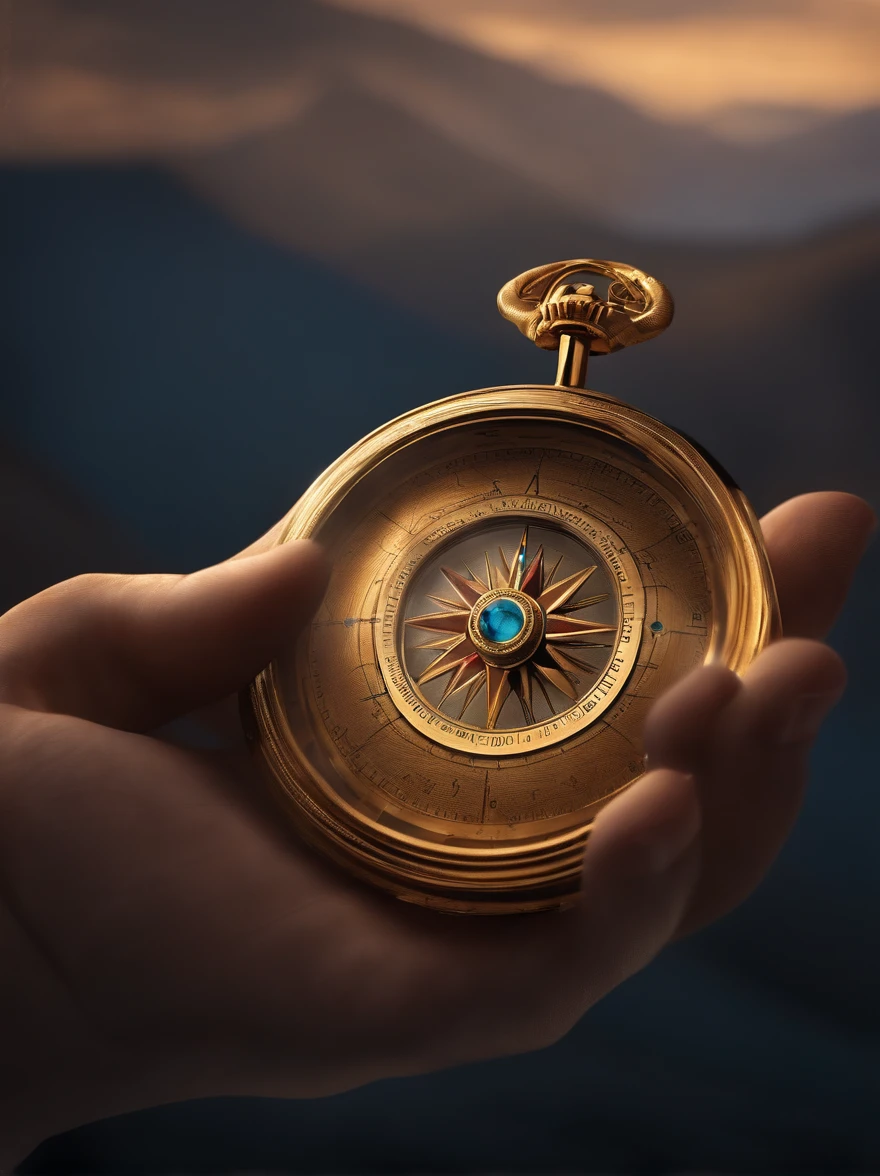 right hand holding a golden compass, realistic