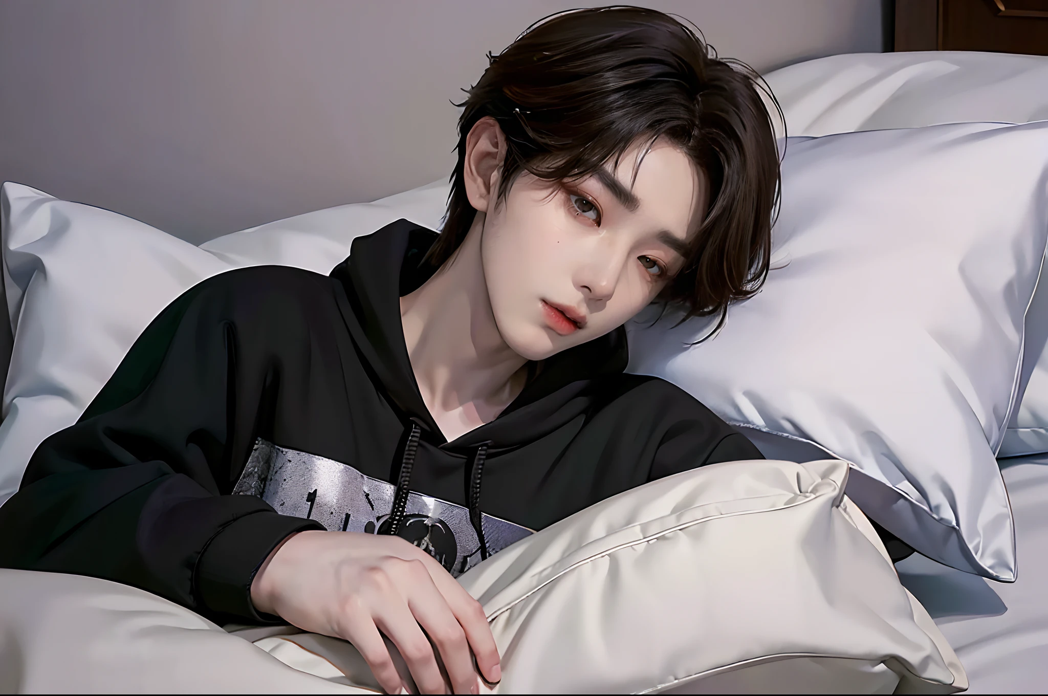 ((4K works))、​masterpiece、（top-quality)、((high-level image quality))、((One Manly Boy))、Slim body、((Stylish black hoodie))、(Detailed beautiful eyes)、Stylish bedroom、Selfie with head on pillow、Face similar to Chaewon in Ruseraphim、((short hair above the ears))、((Smaller face))、((Neutral face))、((Light brown eyes))、((Korean boy))、((18year old))、((Handsome man))、((Wild look))、((Korean Makeup))、((elongated and sharp eyes))、((Happy dating))、((Lying on the futon with your head on the pillow))、((Shooting from the side))、((He gives the viewer an arm pillow))、((Only the upper part of the body is visible))、((He sleeps next to the viewer))、(((selfee)))