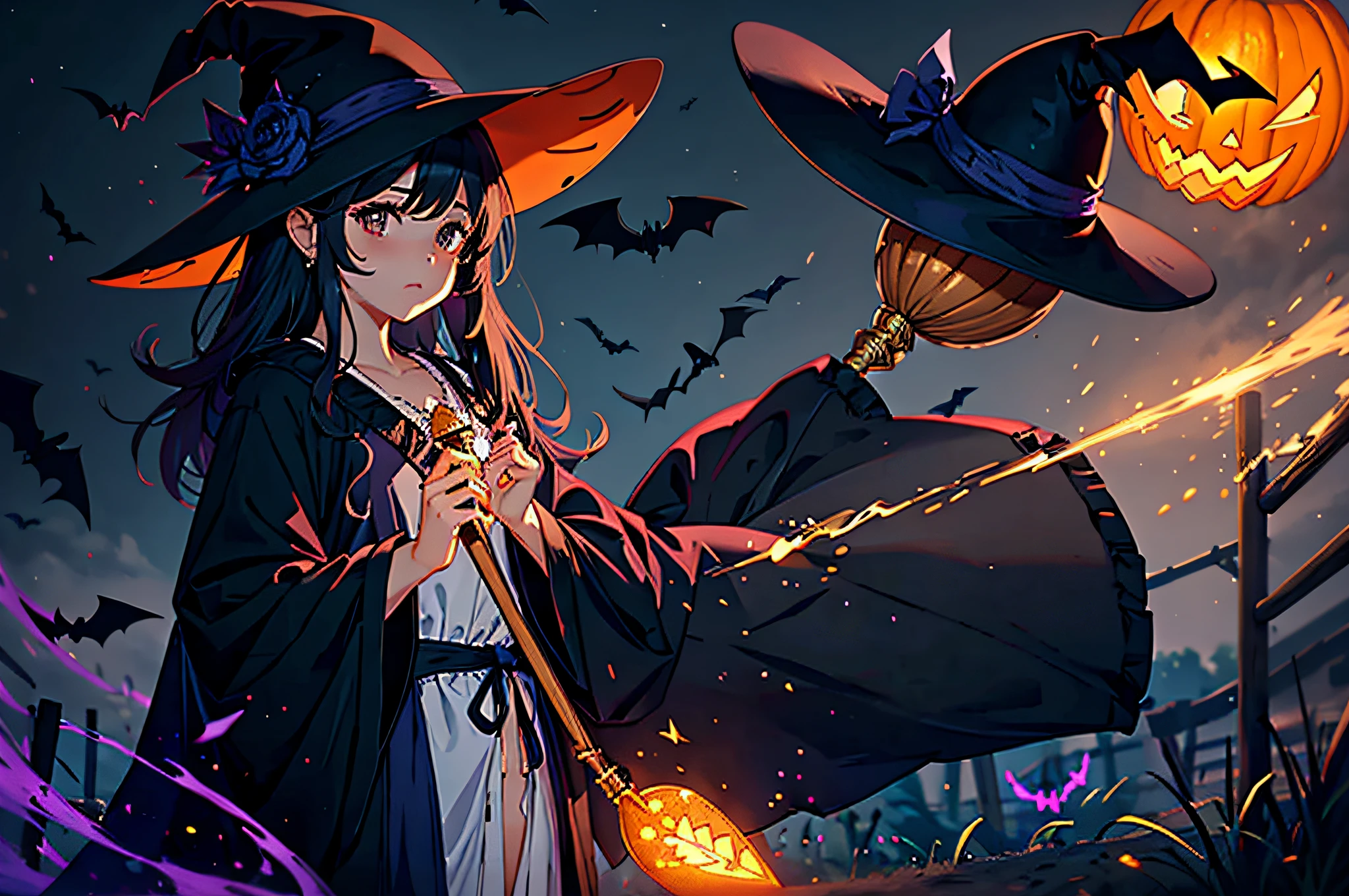 : Crea una brujita con un sombrero puntiagudo, A magic wand and a robe with dark colors. You can add details like pumpkins or bats flying around