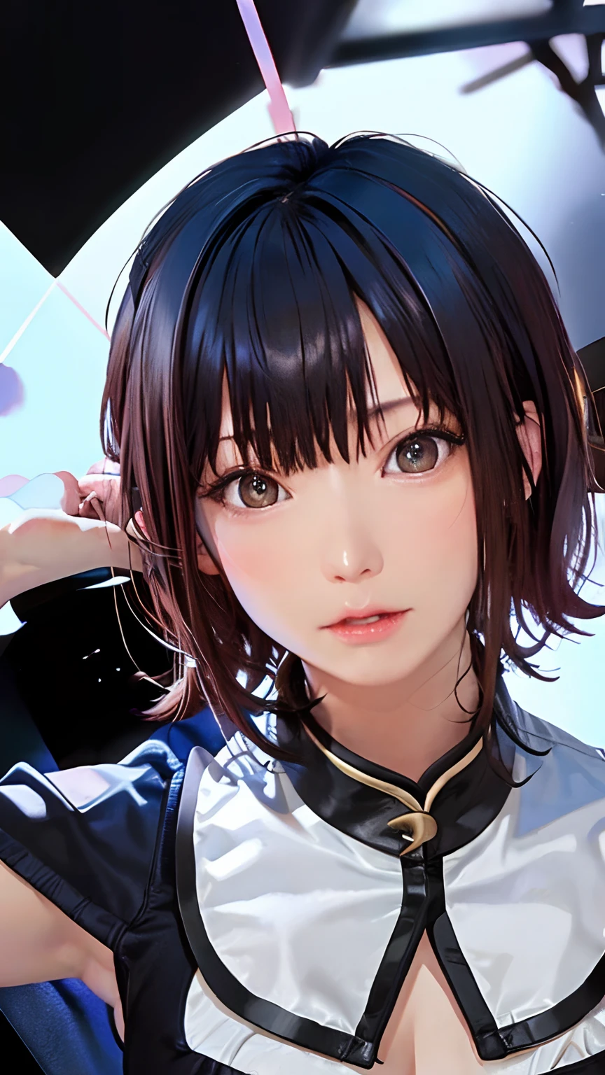 (masterpiece、top-quality、hight resolution、Official art、Beautifully Aesthetic:1.2)、(8K:1.4)、(1girl in)、ighly detailed:1.4、Best Quality、。.3D、(Photorealsitic:1.4)、Realistic、colourfull、highestdetailed、face perfect、(a pixie cut)、The upper part of the body、nffsw、(doa:1.3)、(Cosplay:1.2)、intergalactic、(light streaks)、striking visuals、(Dynamic streaks、Bright trajectory:1.2)、vivd colour、